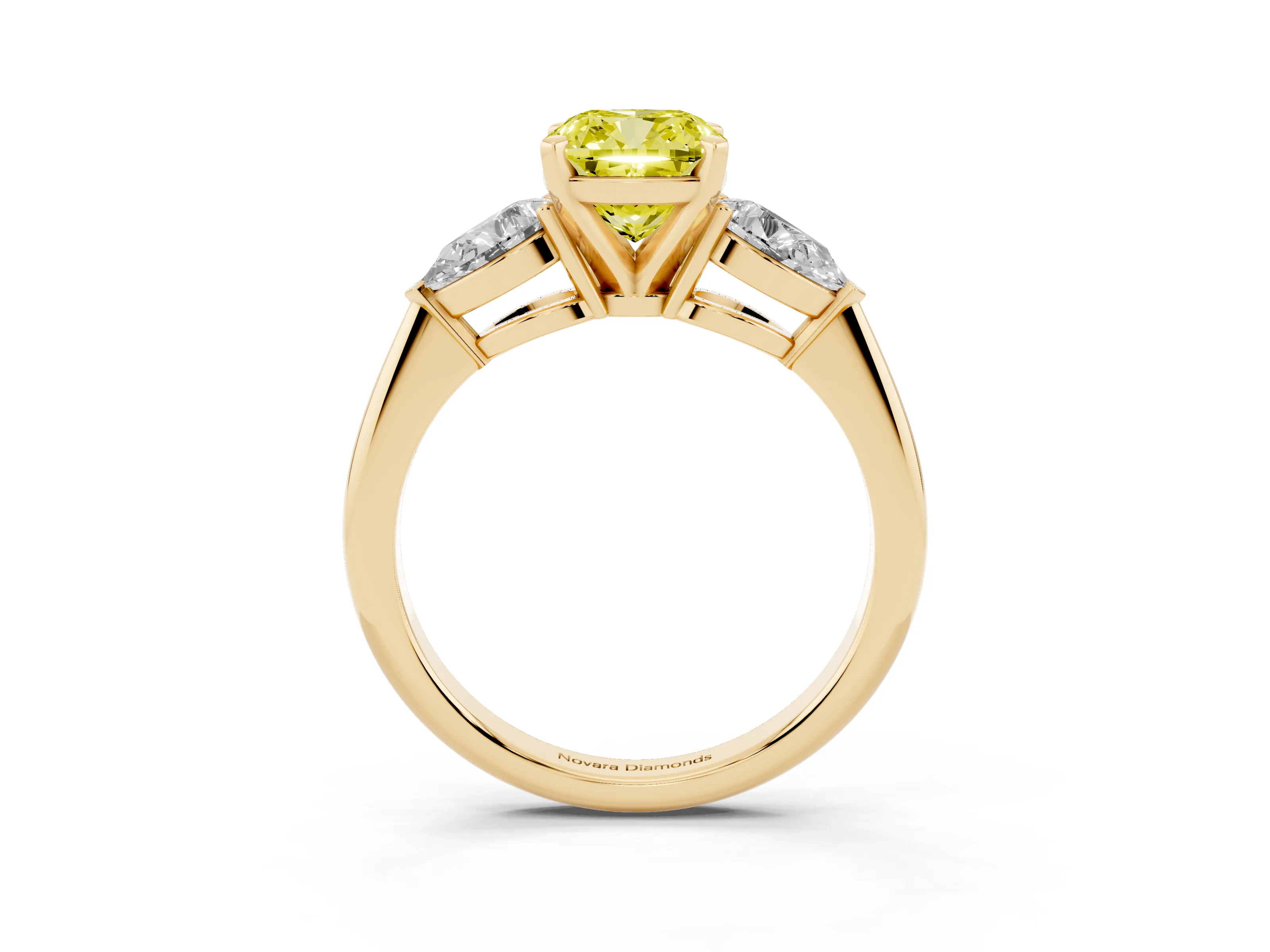 Fancy Yellow Three-Stone Cushion Cut Diamond Ring Set in Yellow gold with Pear Side Stones and Prong Setting