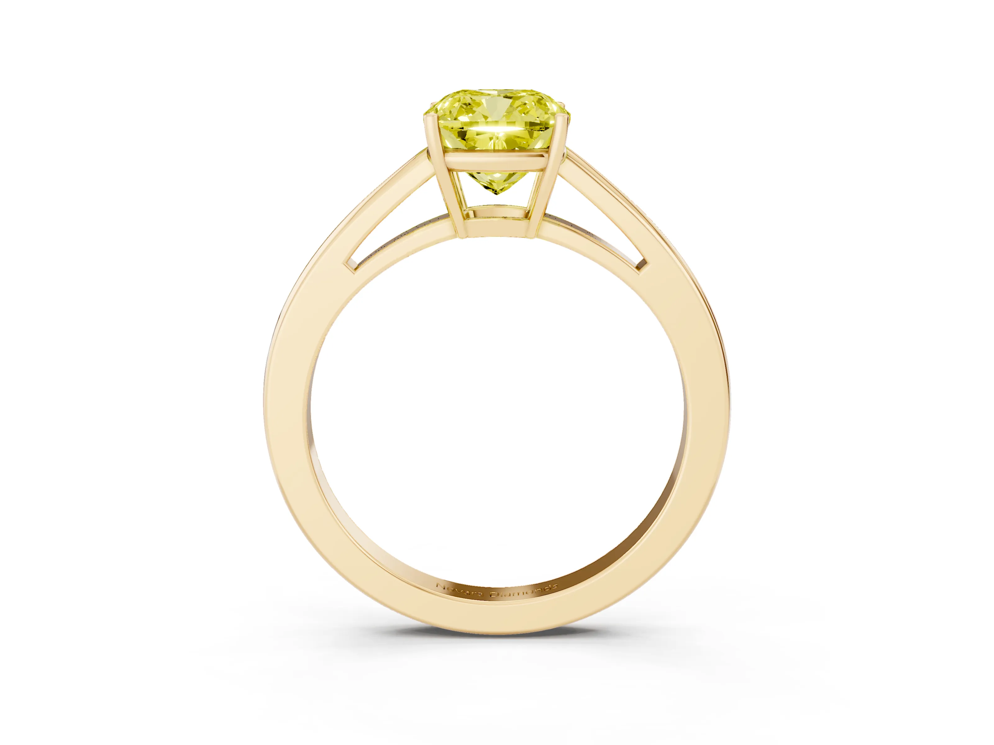 Fancy Yellow Cushion Cut Diamond Solitaire Ring Set in Yellow gold with Split Shank and Prong Setting