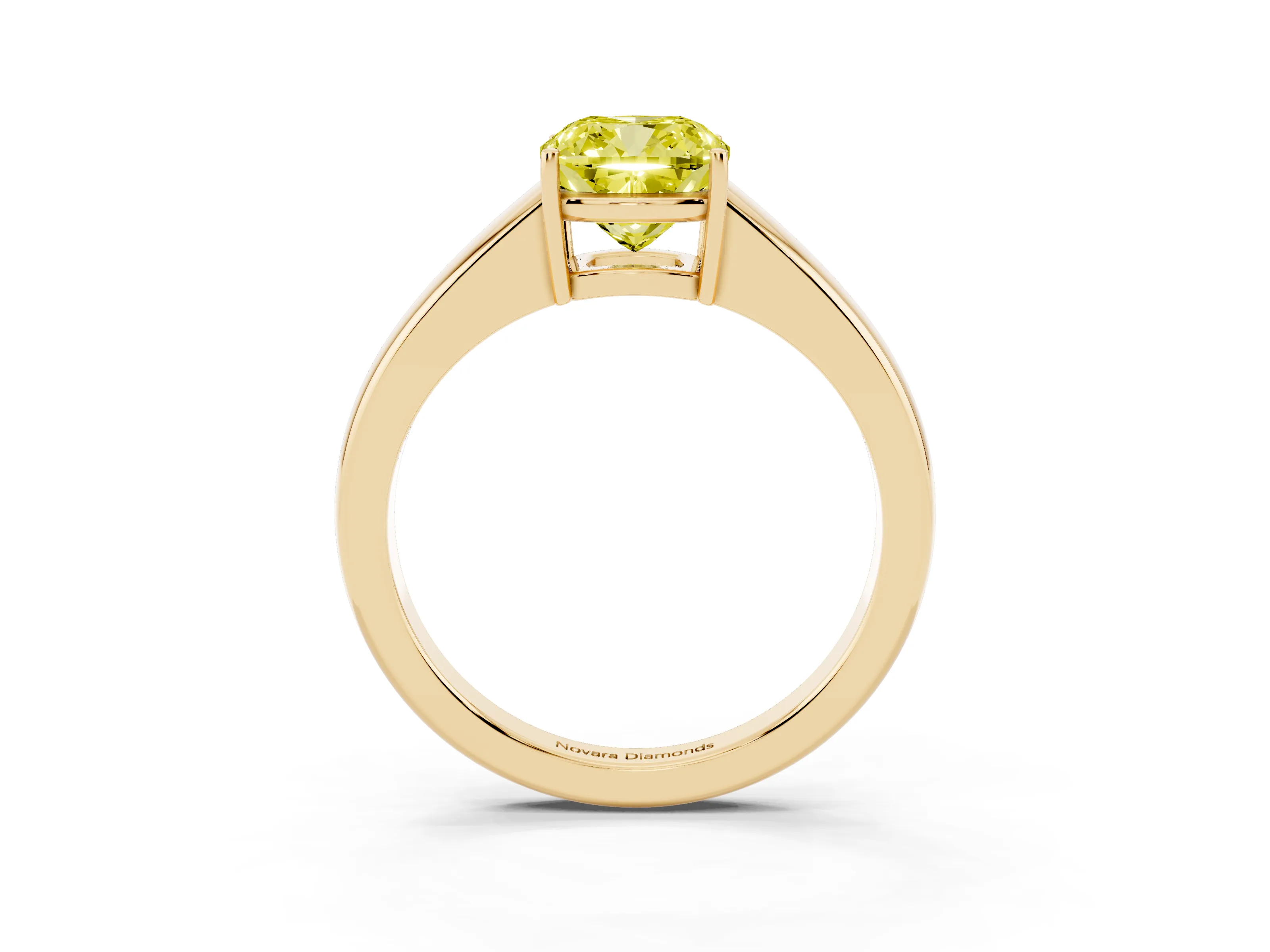 Fancy Yellow Cushion Cut Diamond Solitaire Ring Set in Yellow gold with Tapered Band and Prong Setting