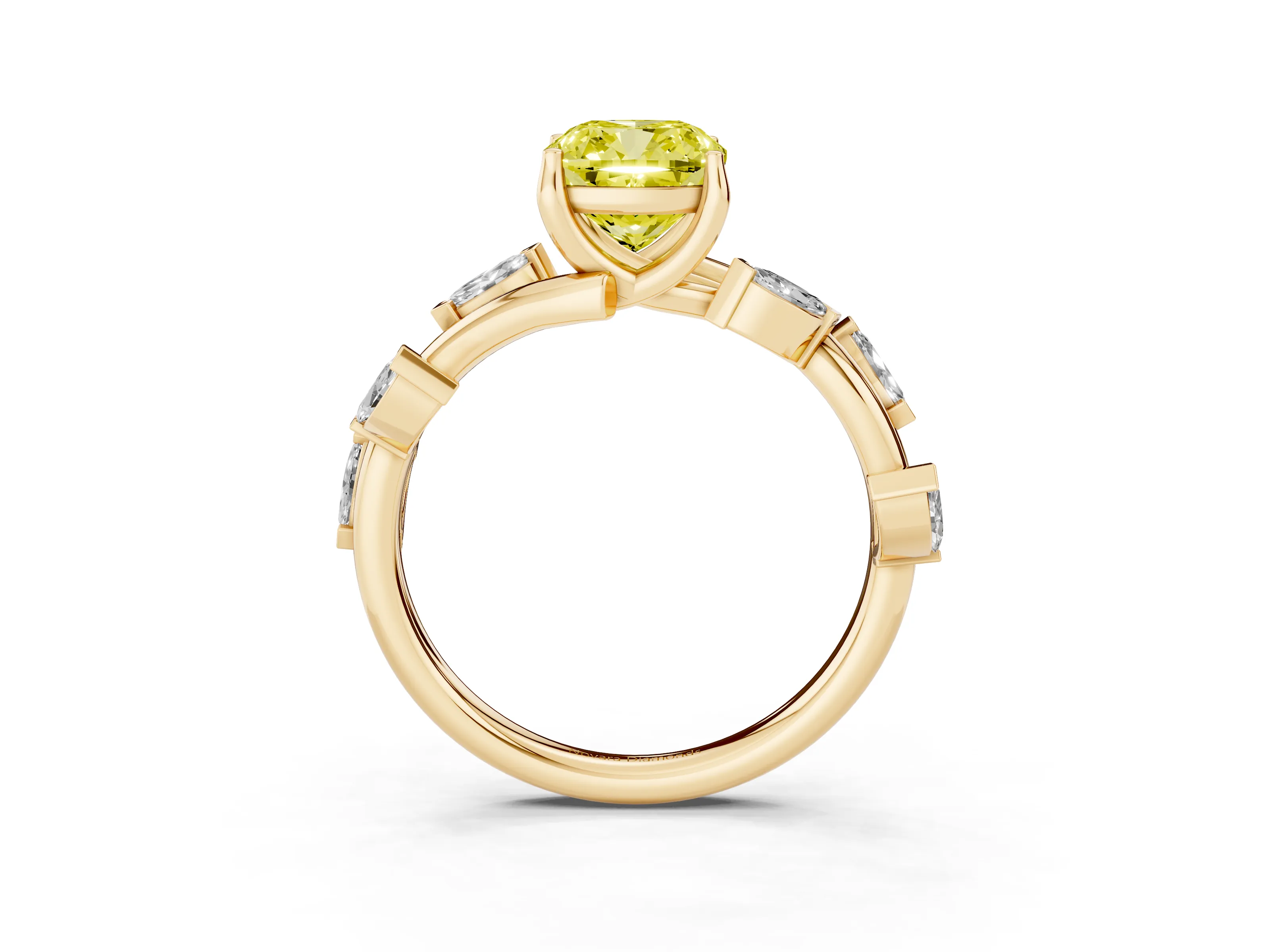 Fancy Yellow Cushion Cut Diamond Solitaire Ring Set in Yellow gold with Twisted Marquise Accent Band