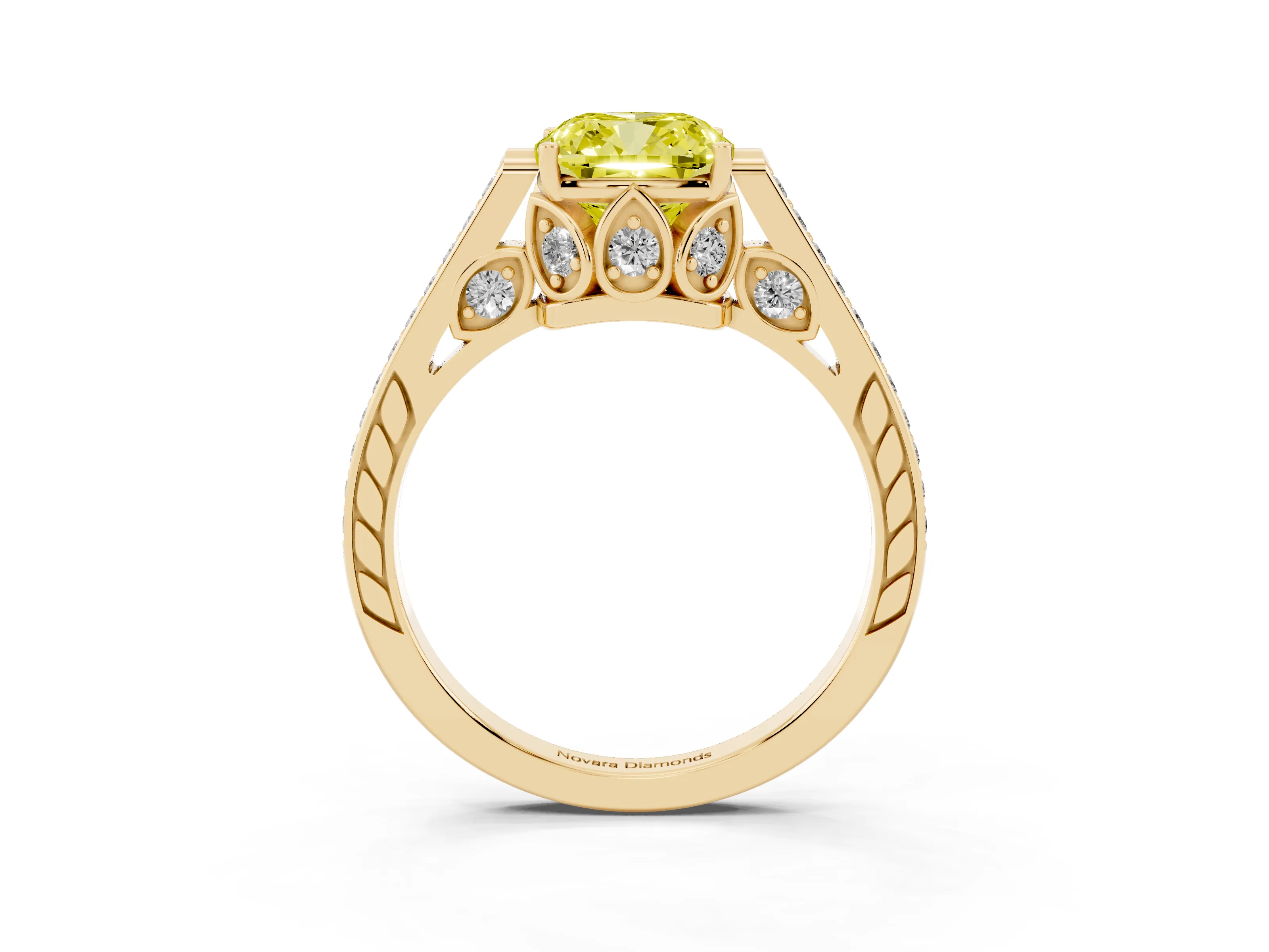 Fancy Yellow Cushion Cut Diamond Cathedral Pavé Engagement Ring Set in Yellow gold with Prong Setting