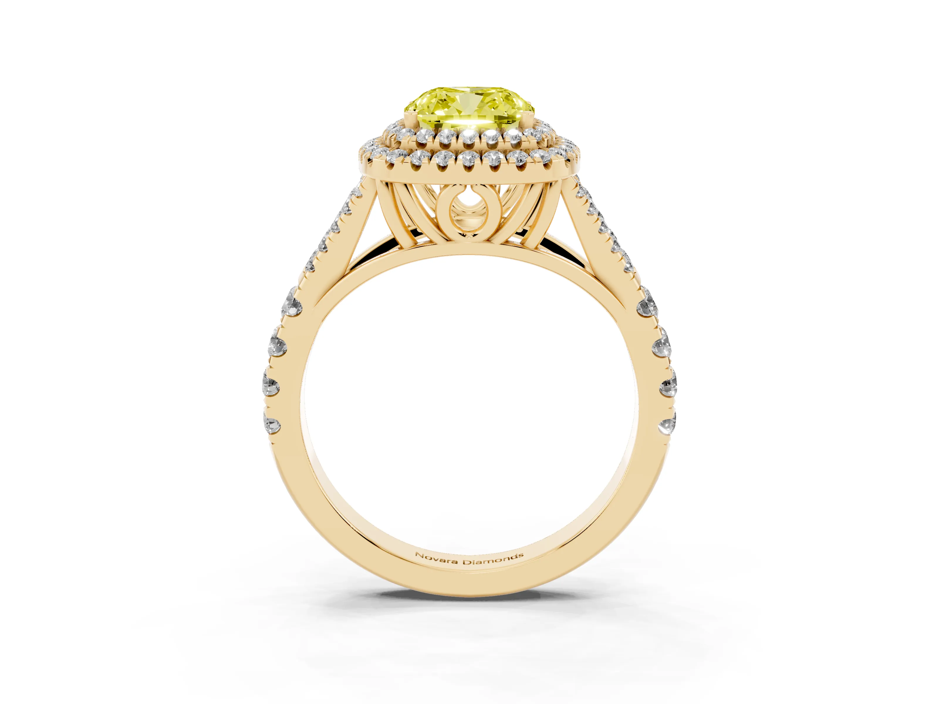 Fancy Yellow Cushion Cut Diamond Pavé Split Shank Double Halo Engagement Ring Set in Yellow gold