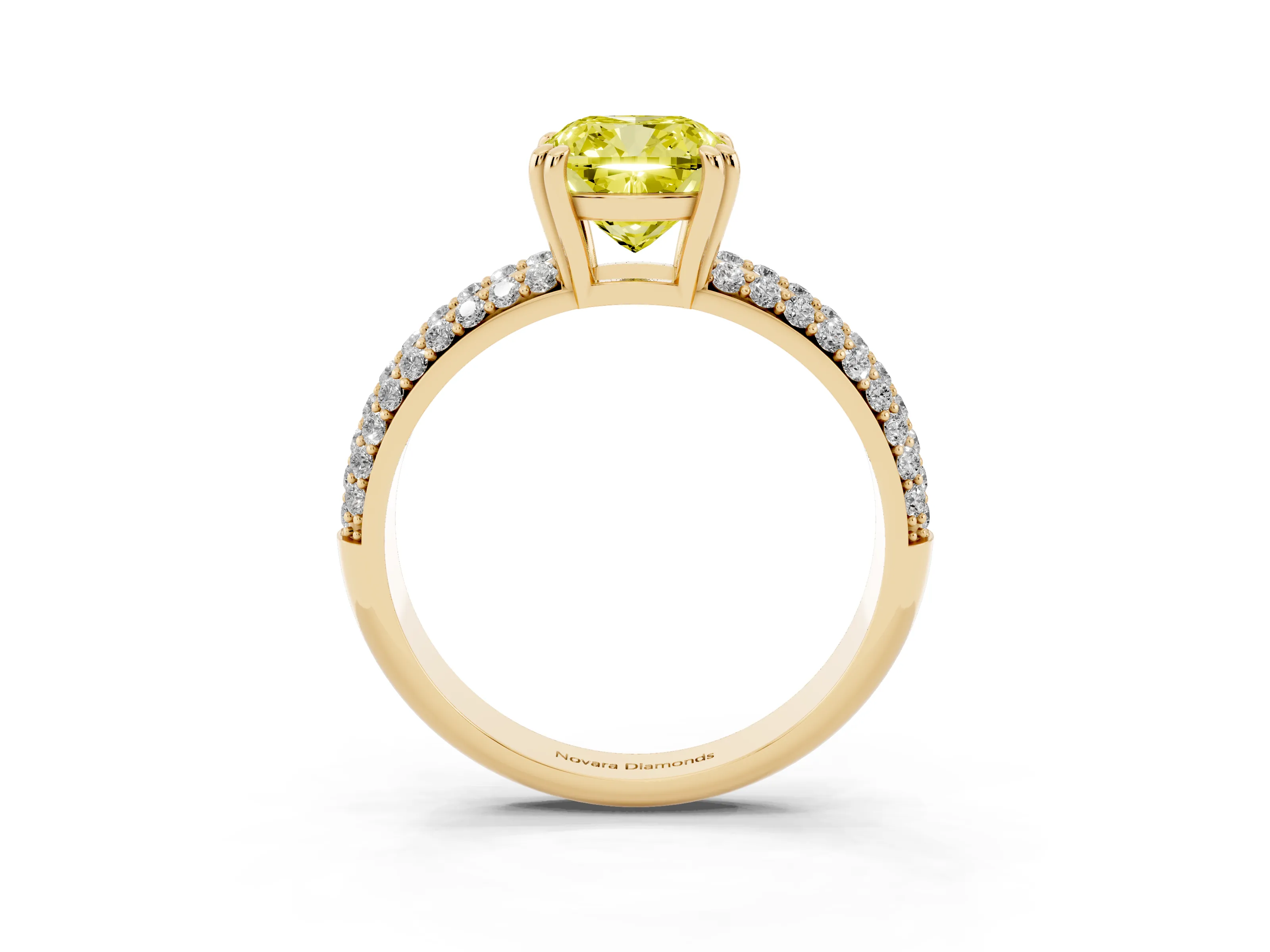 Fancy Yellow Cushion Cut Diamond Solitaire Ring Set in Yellow gold with Multi-Row Round Pavé Band and Prong Setting
