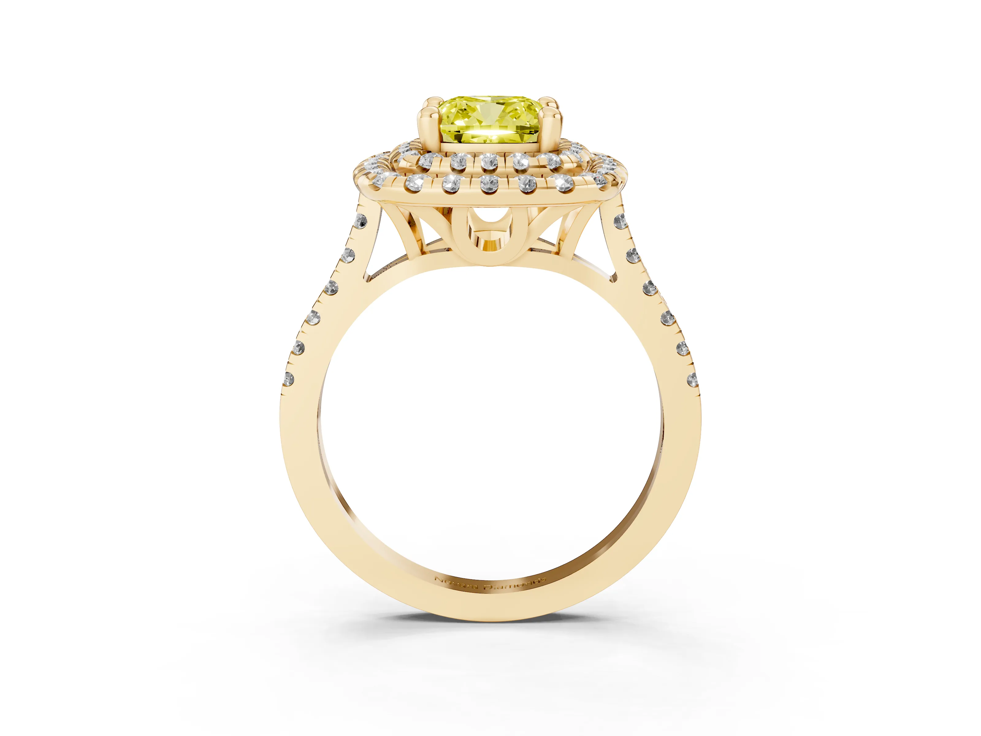 Fancy Yellow Cushion Cut Diamond Double Halo Statement Ring Set in Yellow gold with Pavé Band