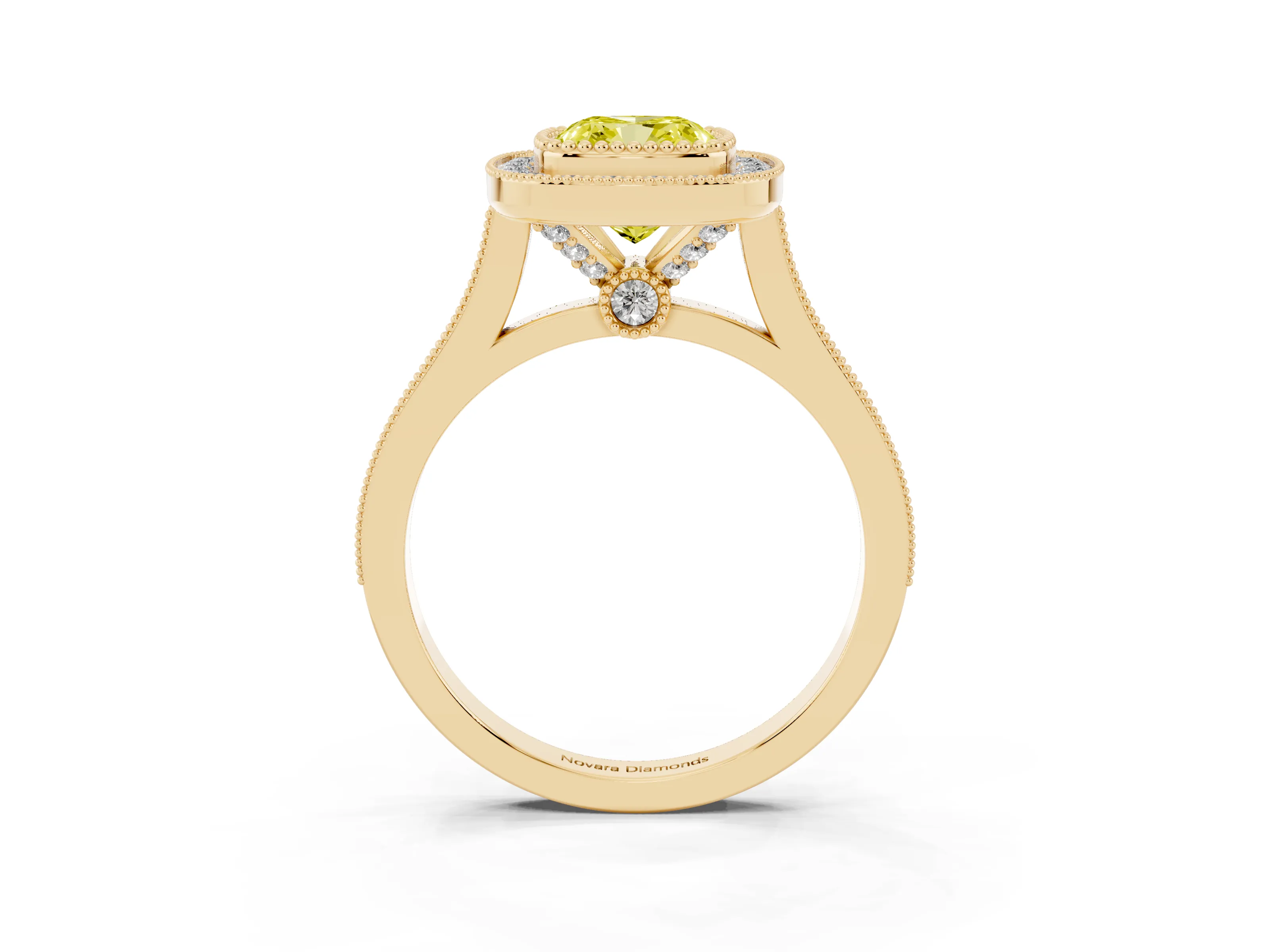 Fancy Yellow Cushion Cut Diamond Halo Ring Set in Yellow gold with Milgrain Frame and Pavé Band
