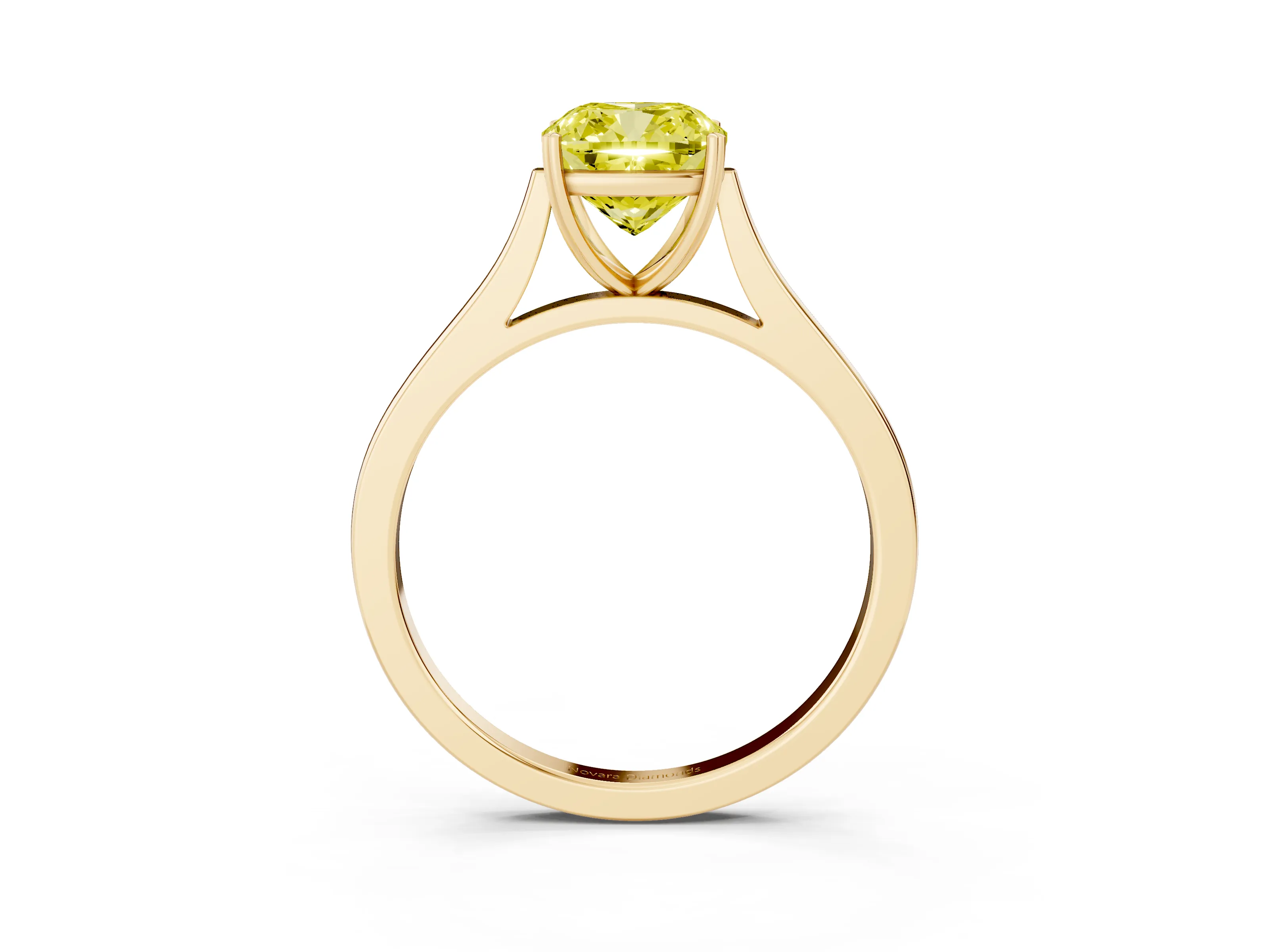 Fancy Yellow Cushion Cut Diamond Solitaire Heart Prong Engagement Ring Set in Yellow gold with Tapered Band