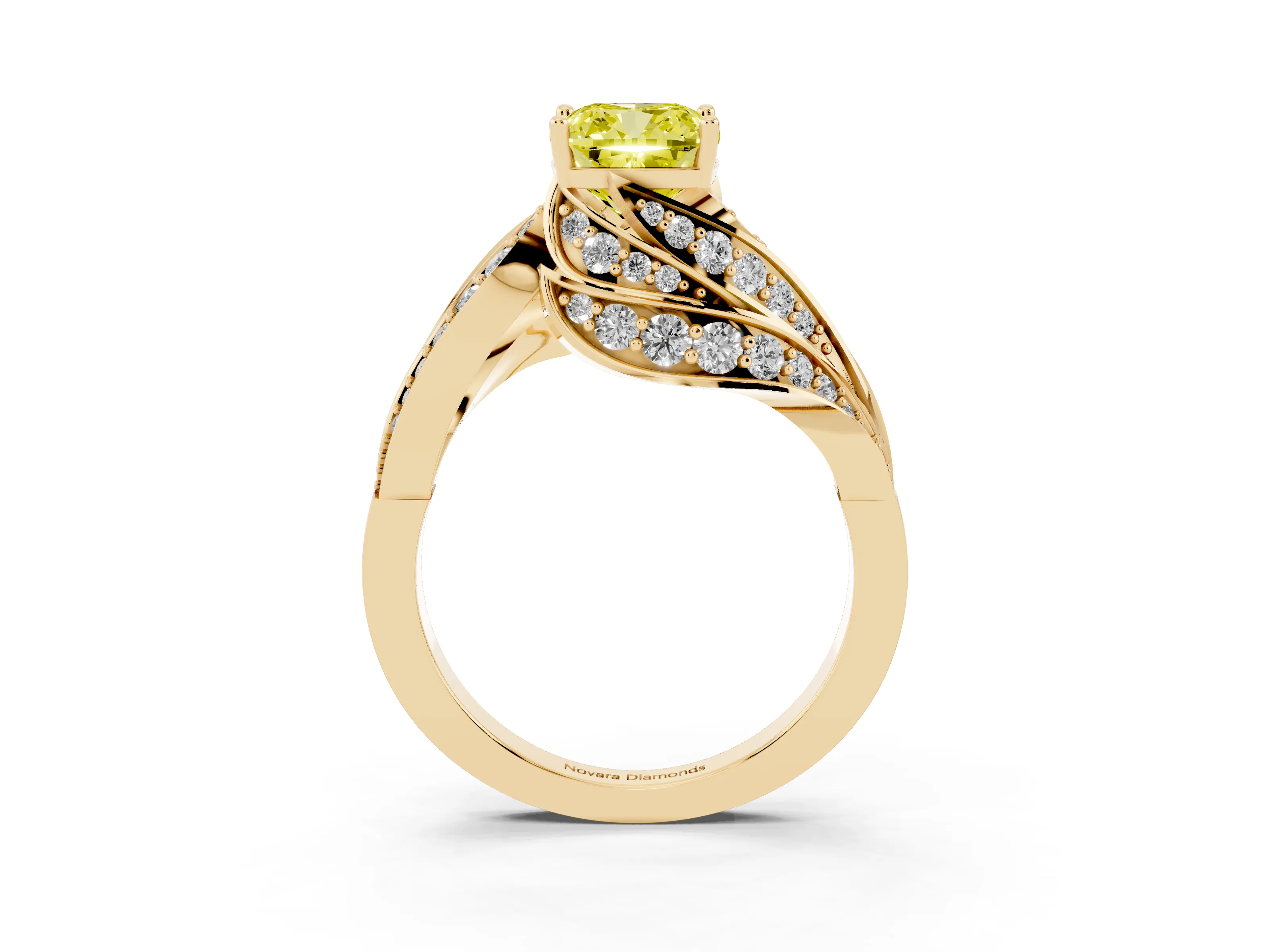 Fancy Yellow Cushion Cut Diamond Solitaire Ring Set in Yellow gold with Layered Twist Pavé Band