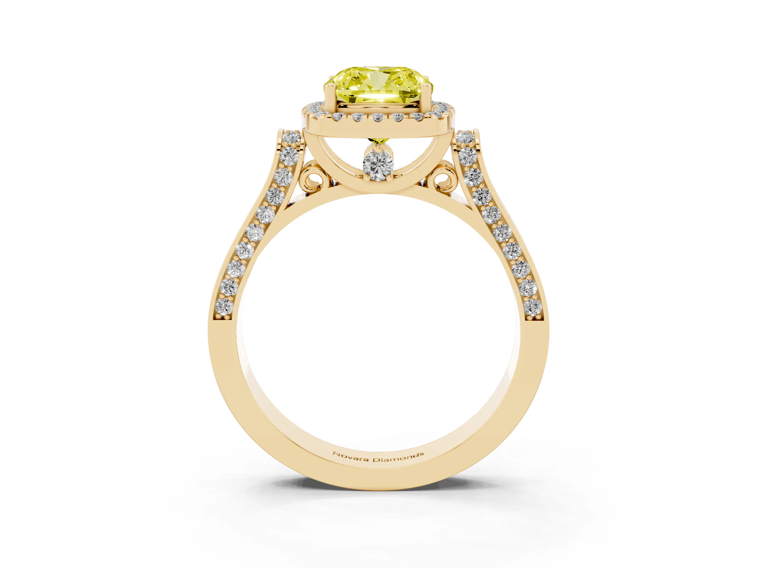 Fancy Yellow Cushion Cut Diamond Halo Ring Set in Yellow gold with Pavé-Lined Split Shank Band