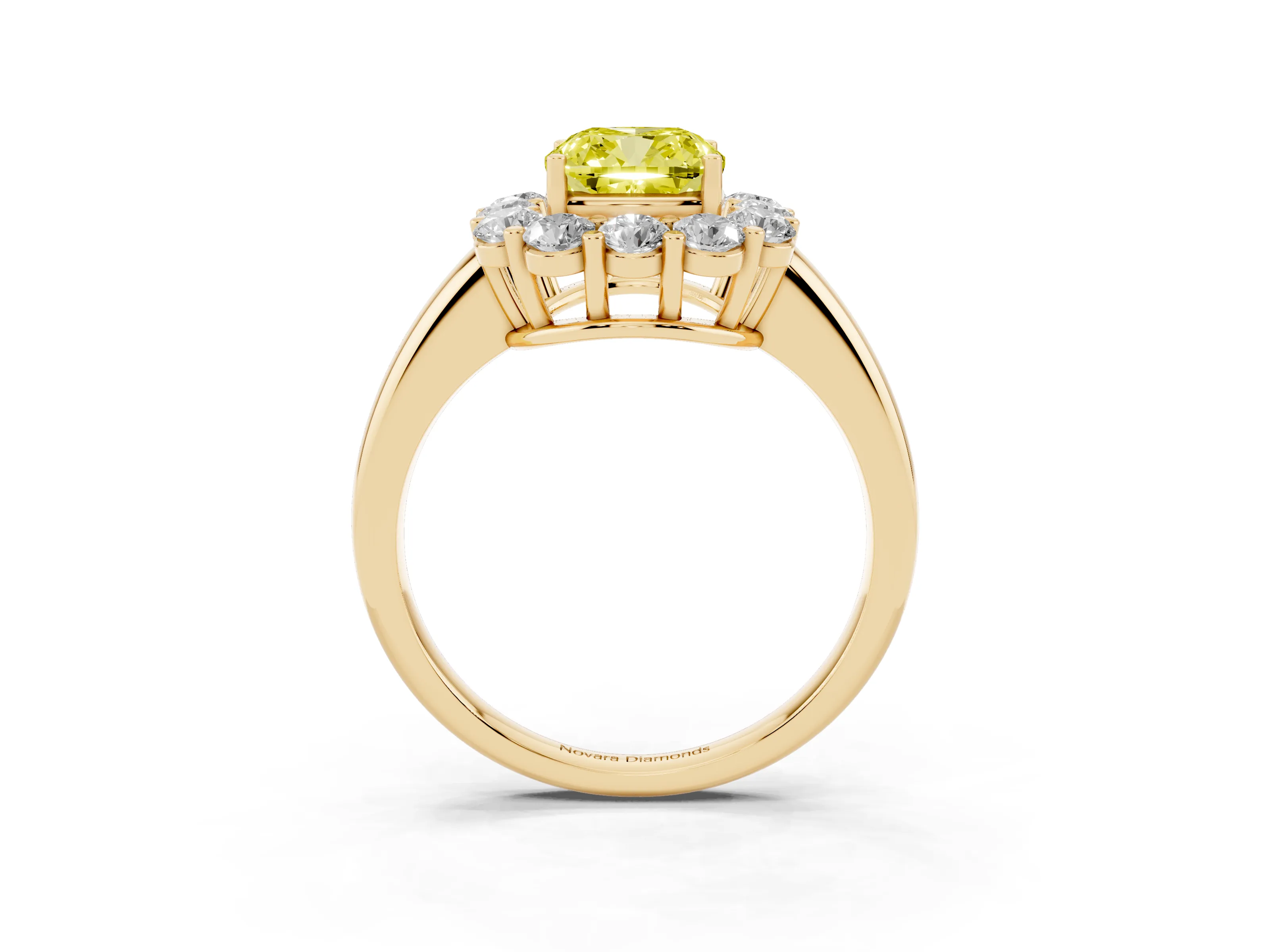 Fancy Yellow Cushion Cut Diamond Halo Cluster Engagement Ring Set in Yellow gold with Polished Band and Prong Setting