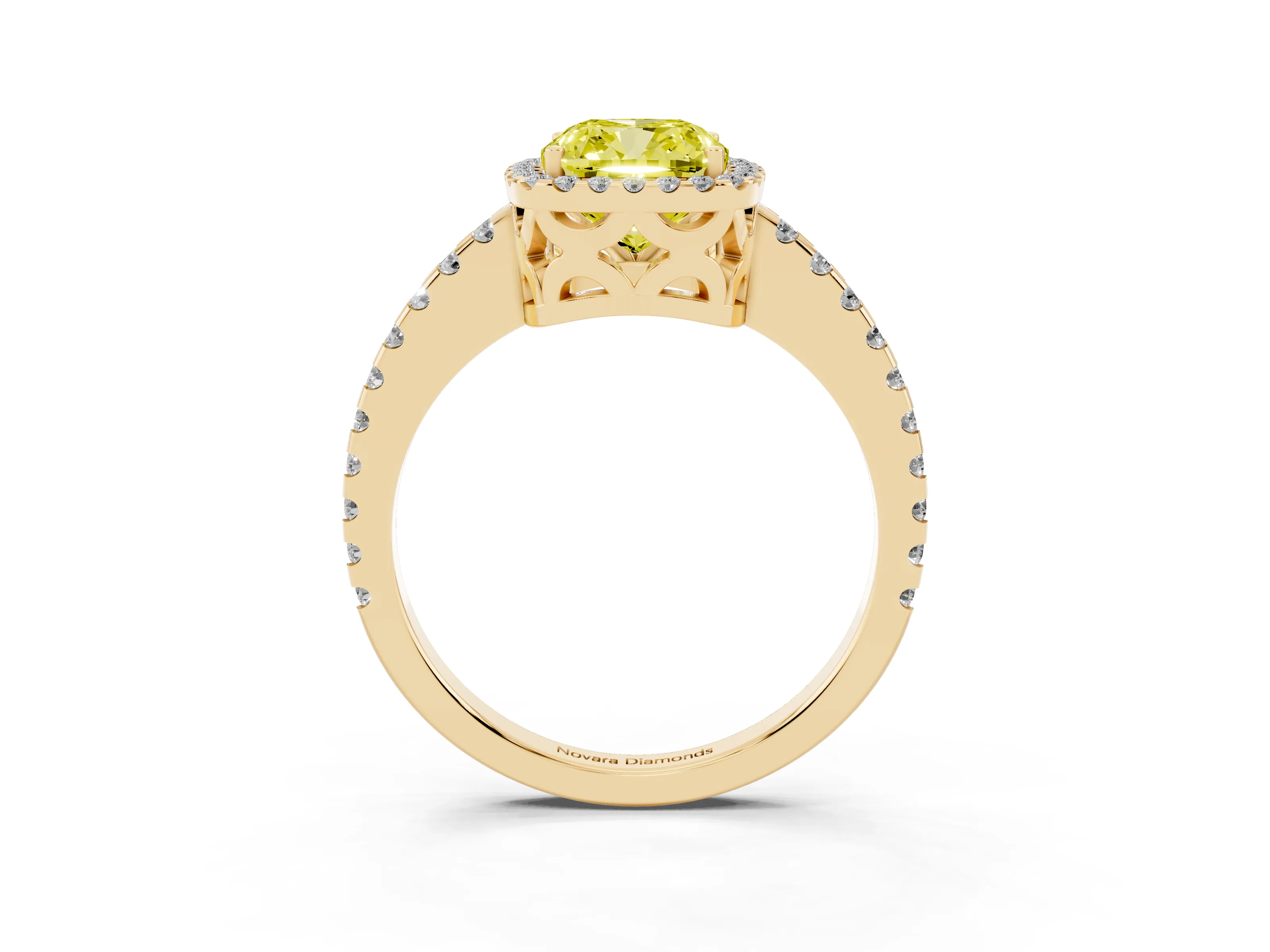 Fancy Yellow Cushion Cut Diamond Halo Ring Set in Yellow gold with Pavé Shoulders and Halo-Framed Center