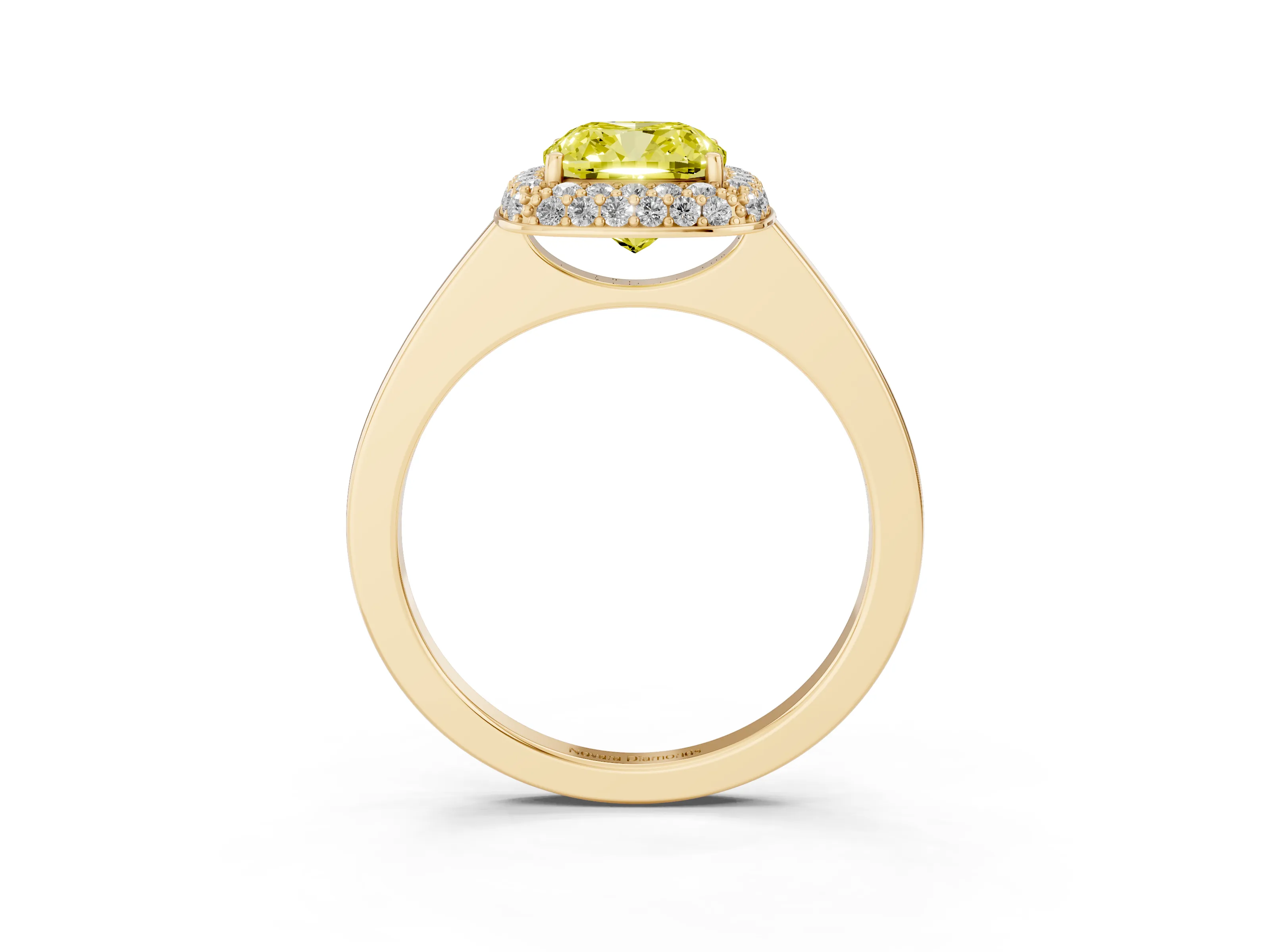 Fancy Yellow Cushion Cut Diamond Halo Engagement Ring Set in Yellow gold with Solitaire Band and Prong Setting