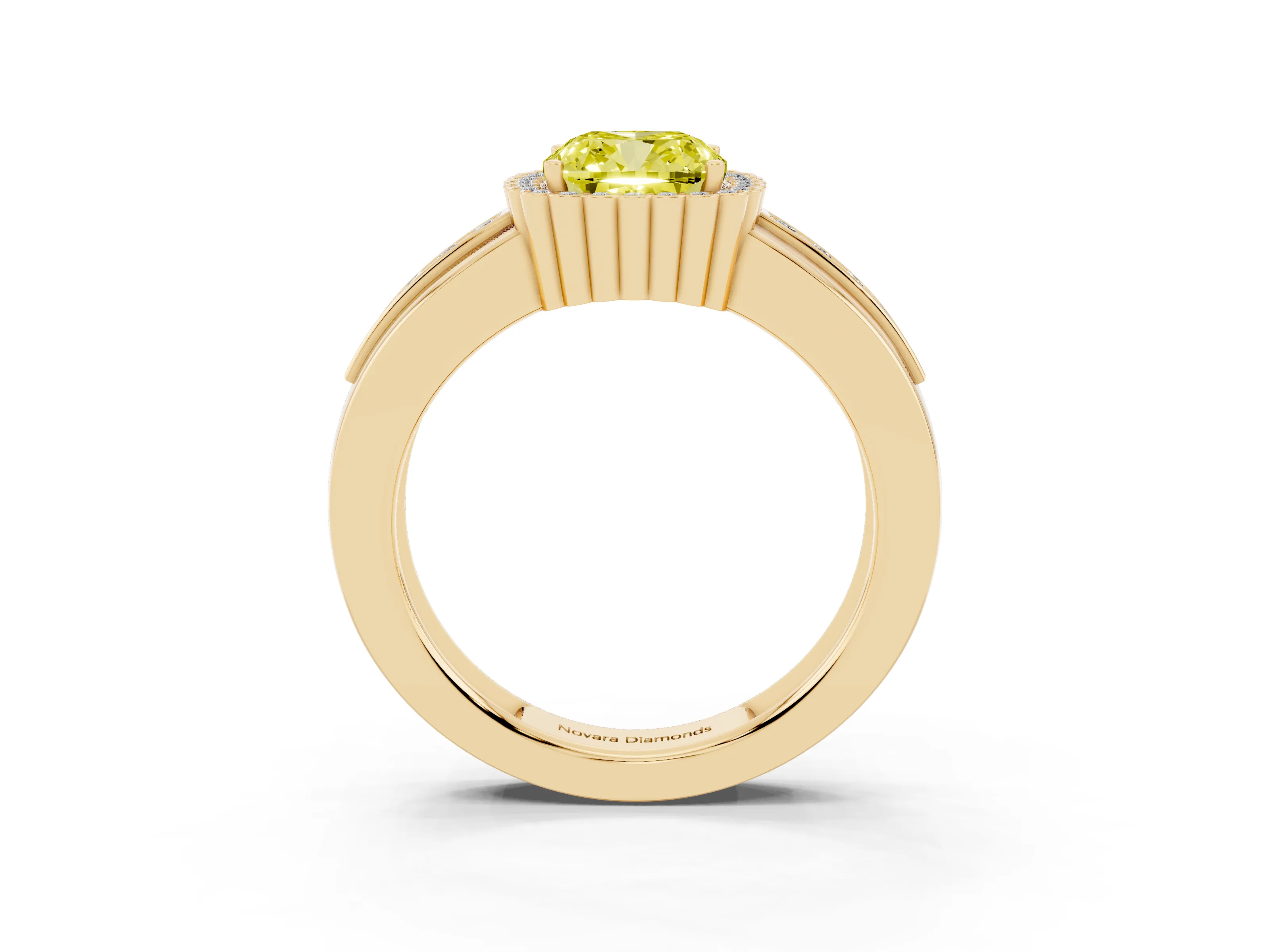 Fancy Yellow Cushion Cut Diamond Halo Prong Ring Set in Yellow gold with Pavé Band