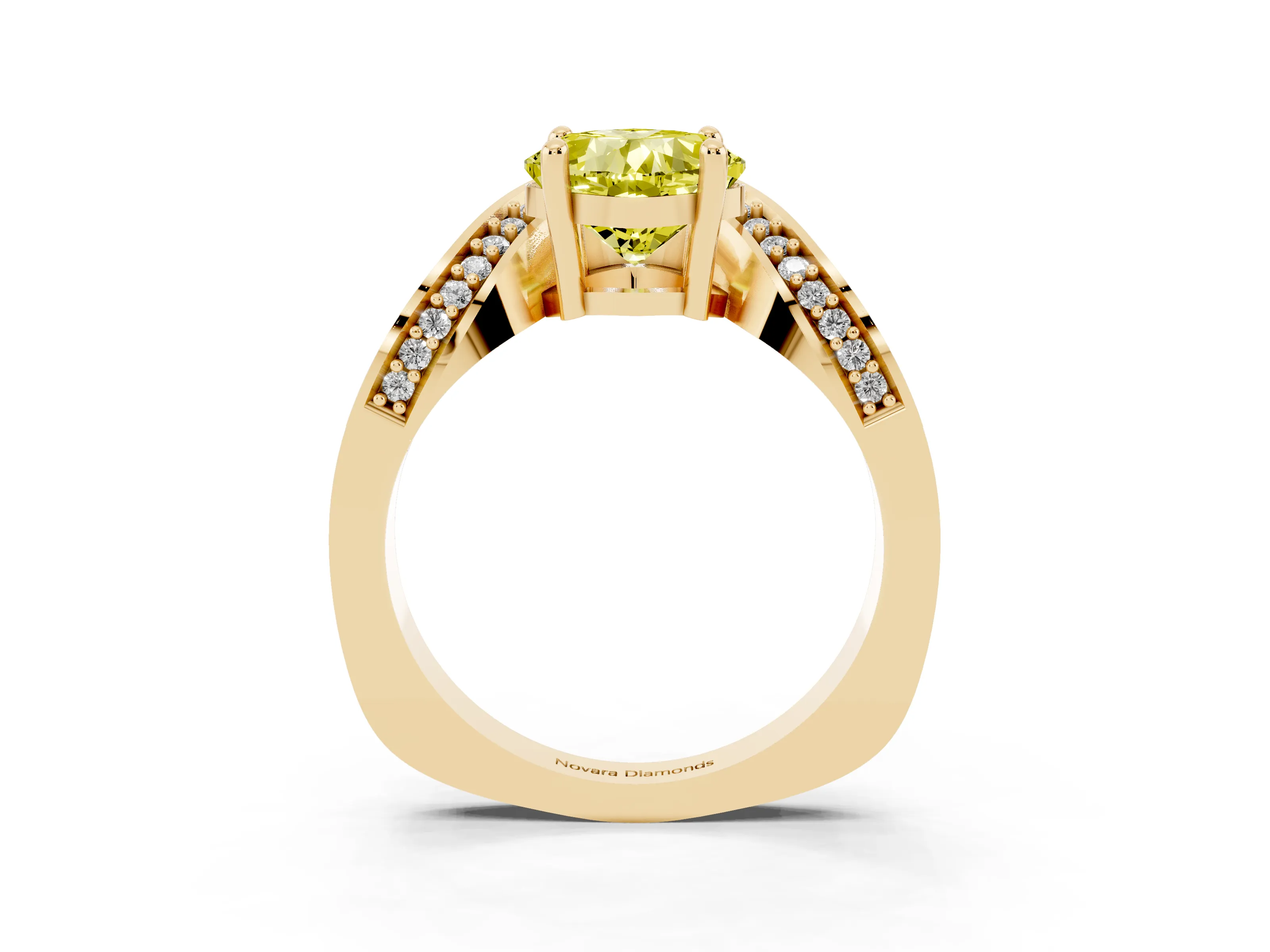 Fancy Yellow Cushion Cut Diamond Solitaire Engagement Ring Set in Yellow gold with Pavé Shoulders