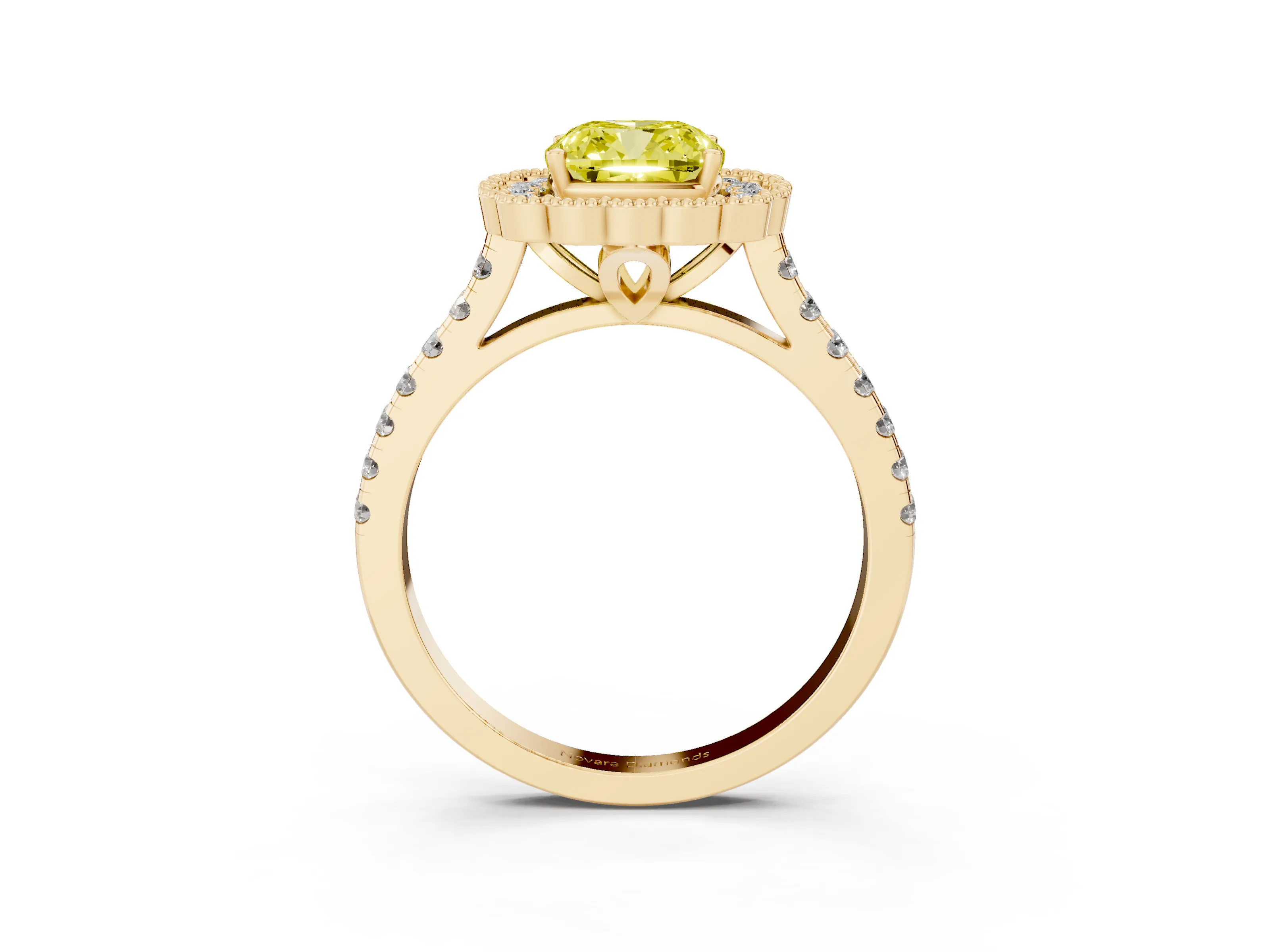 Fancy Yellow Cushion Cut Diamond Milgrain Floral Halo Engagement Ring Set in Yellow gold with Pavé Band
