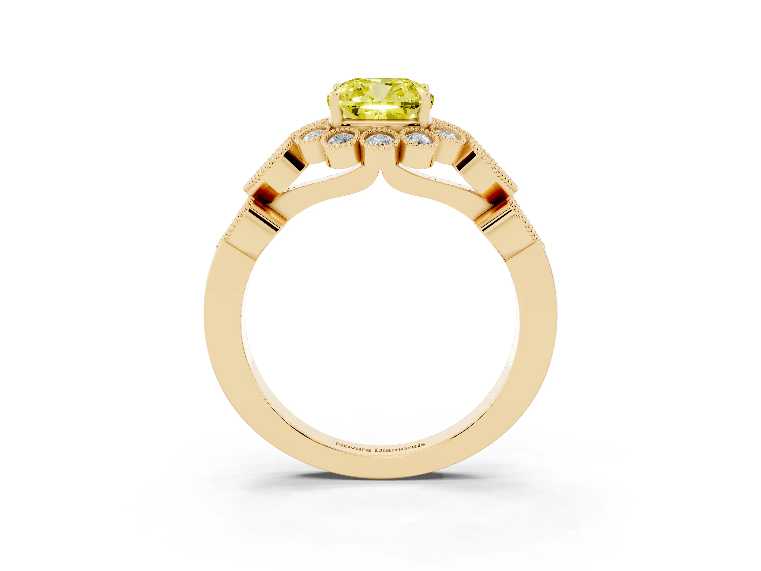Fancy Yellow Cushion Cut Diamond Solitaire Ring Set in Yellow gold with Milgrain Pavé Heart Band