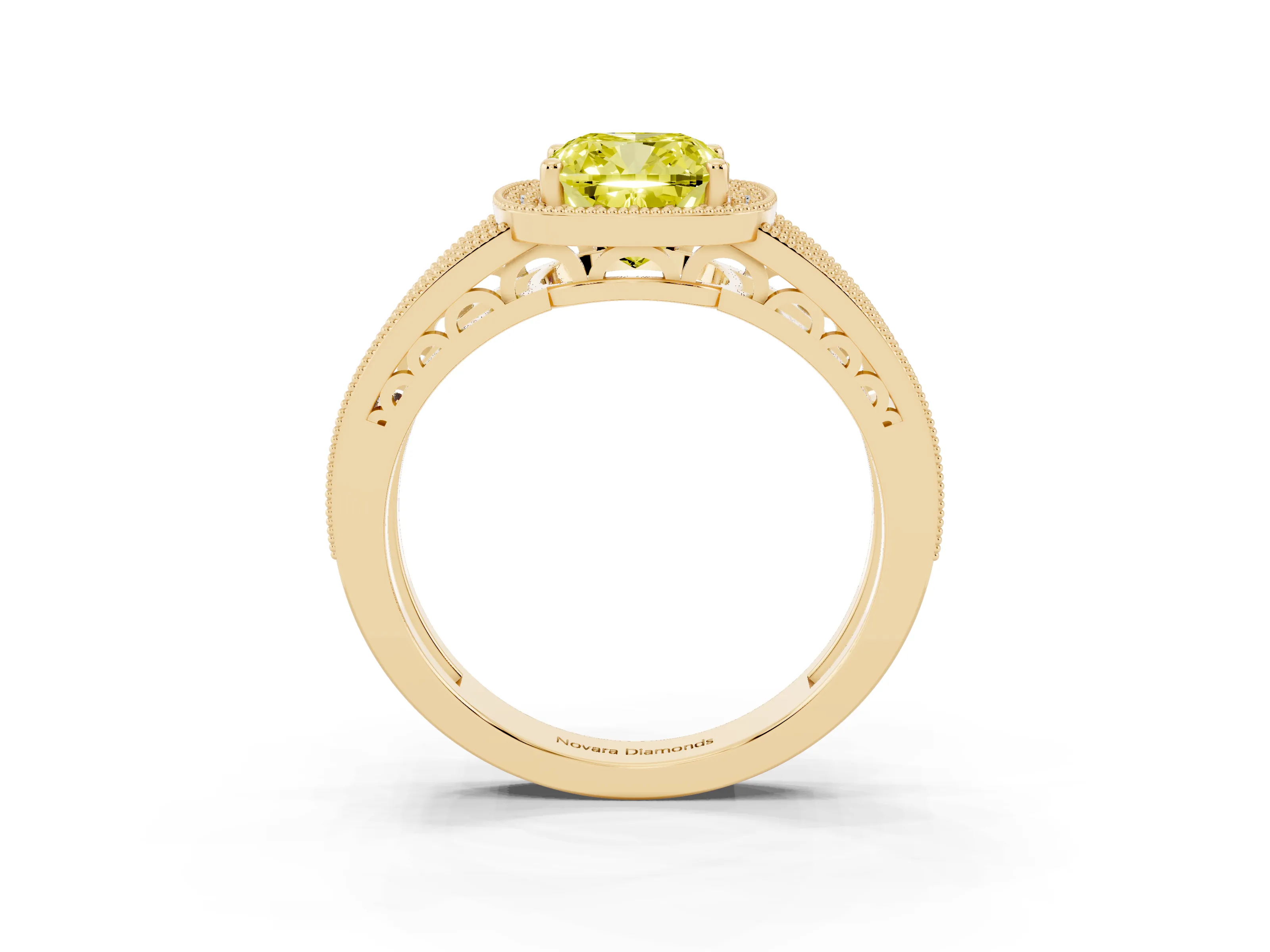Fancy Yellow Cushion Cut Diamond Halo Ring Set in Yellow gold with Accent Split Shank and Prong Setting