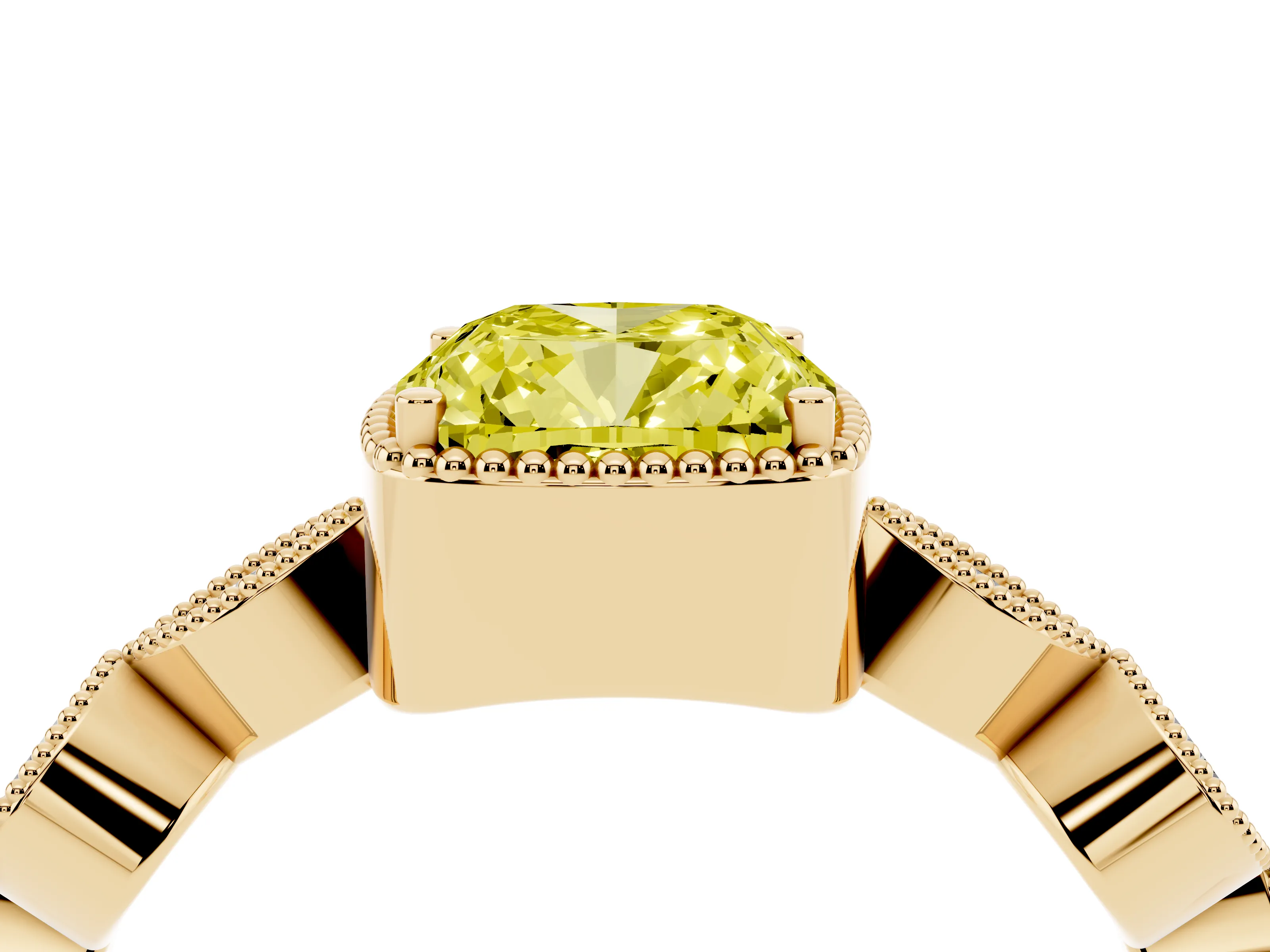 Fancy Yellow Cushion Cut Diamond Vintage-Inspired Milgrain Ring Set in Yellow gold with Marquise Stations of Round Accents