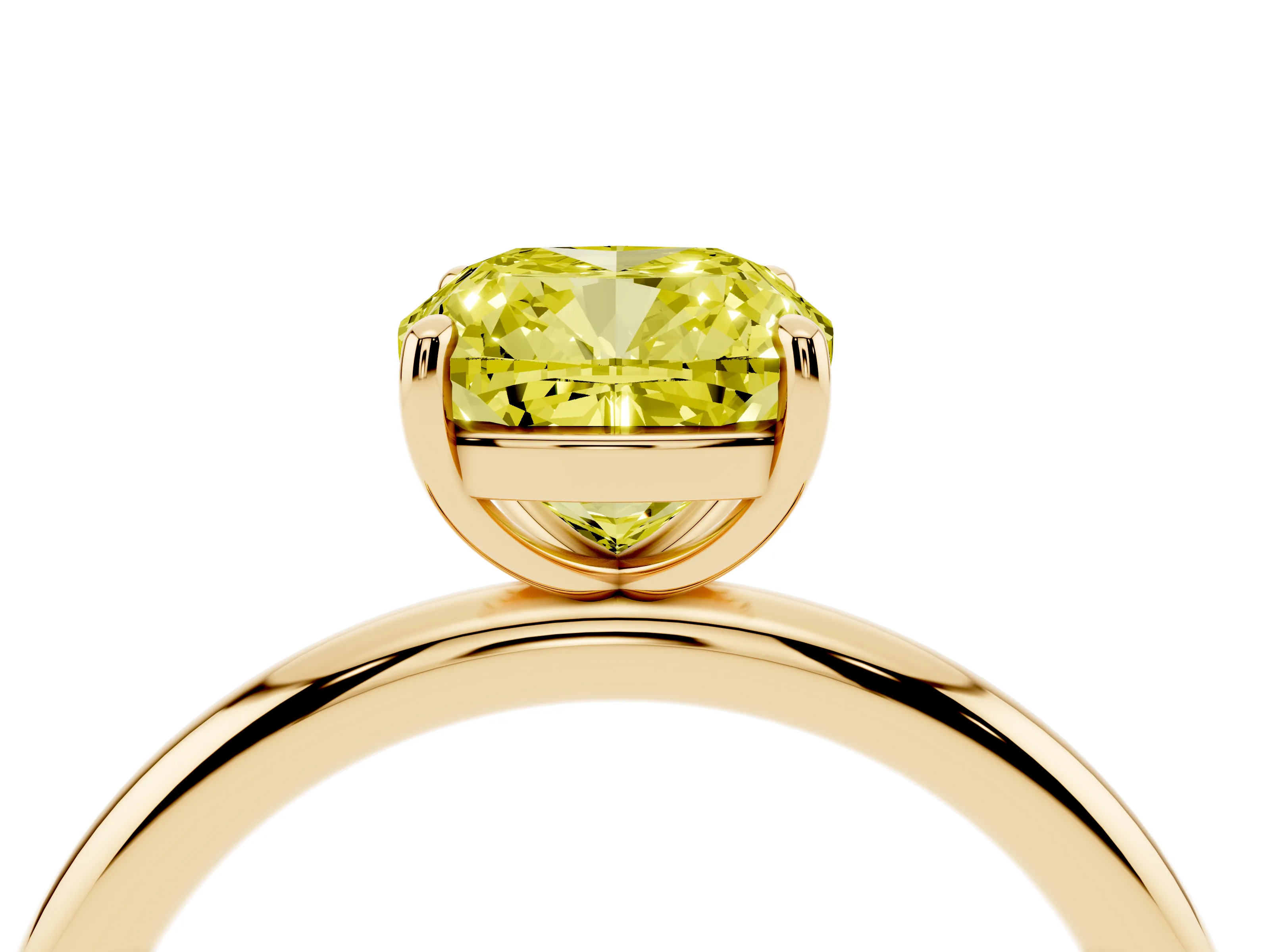 Fancy Yellow Cushion Cut Diamond Solitaire Ring Set in Yellow gold with Prong Setting on a Polished Plain Band