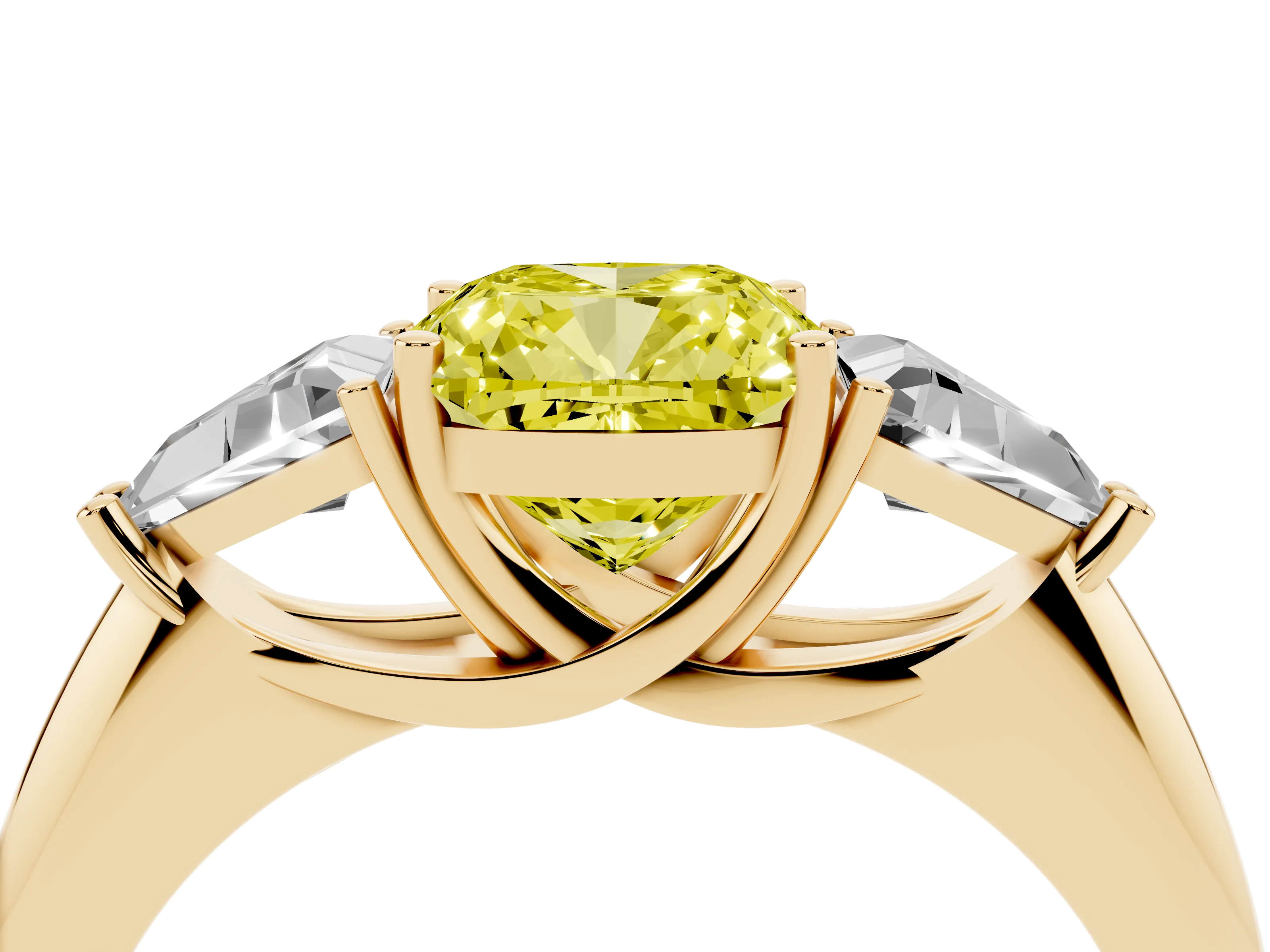 Fancy Yellow Cushion Cut Diamond Three-Stone Engagement Ring Set in Yellow gold with Trillion Side Stones