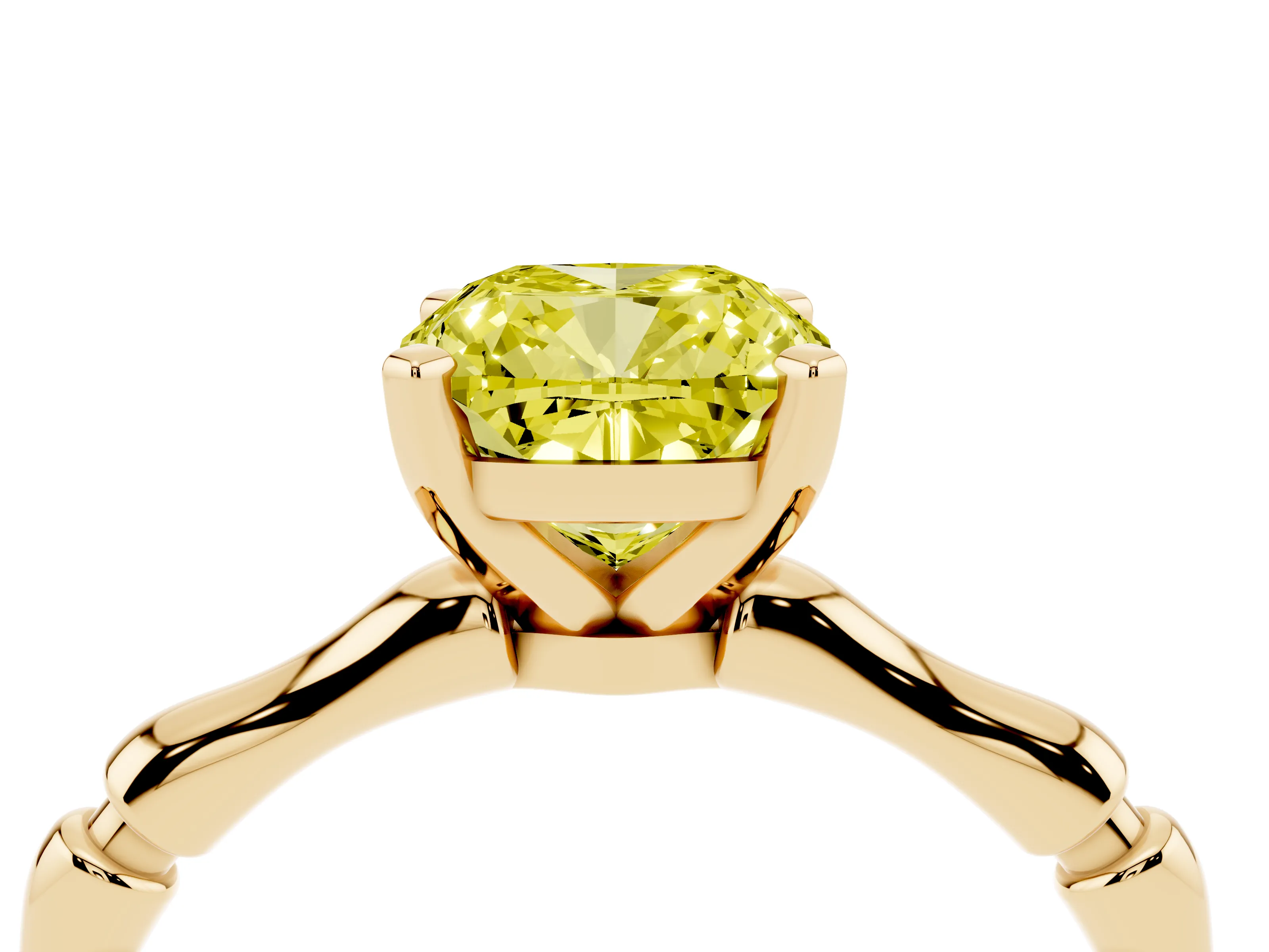 Fancy Yellow Cushion Cut Diamond Solitaire Ring Set in Yellow gold with Bamboo Band and Prong Setting
