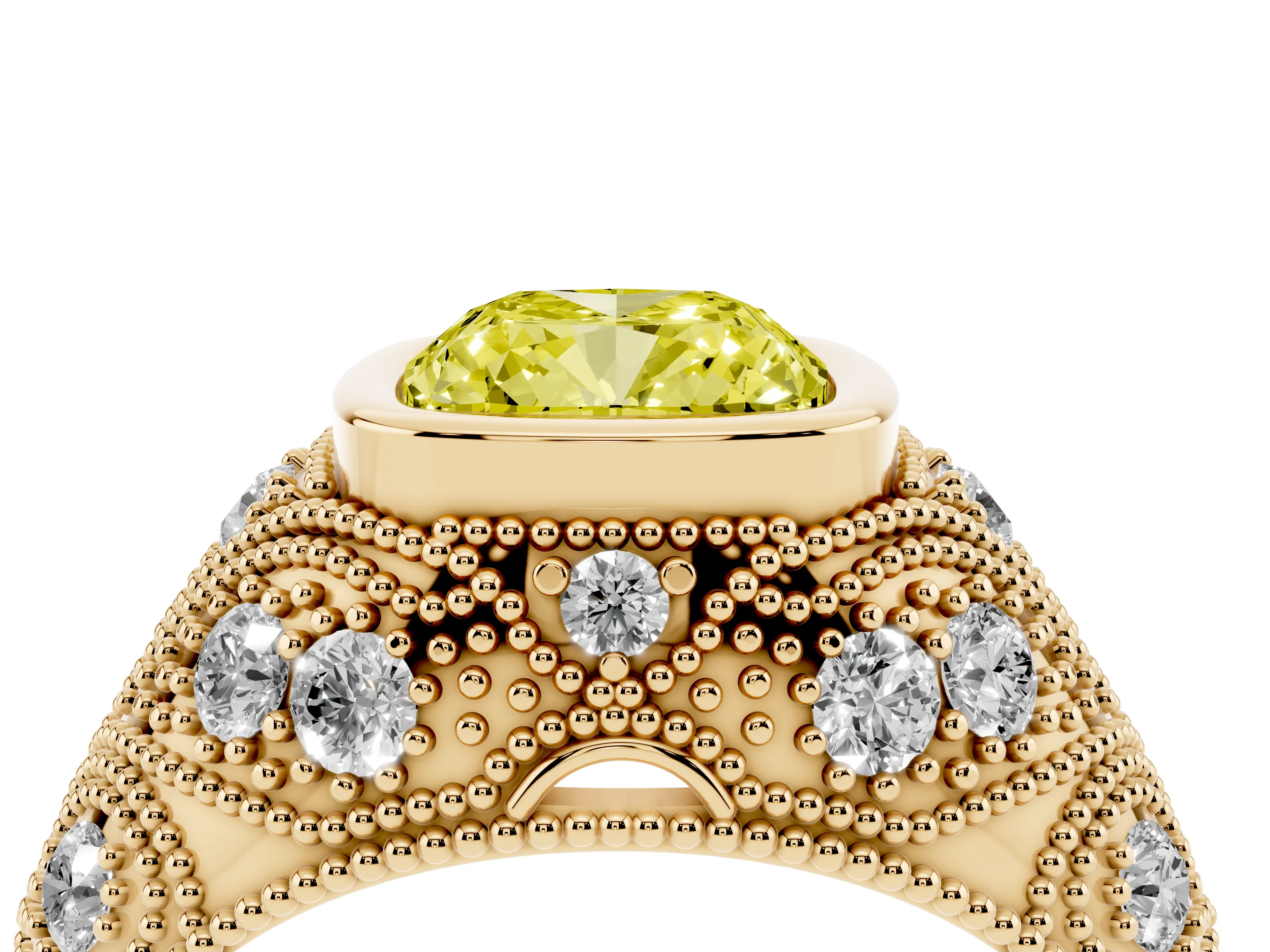 Fancy Yellow Cushion Cut Diamond Bezel Ring Set in Yellow gold with Milgrain Accent Band
