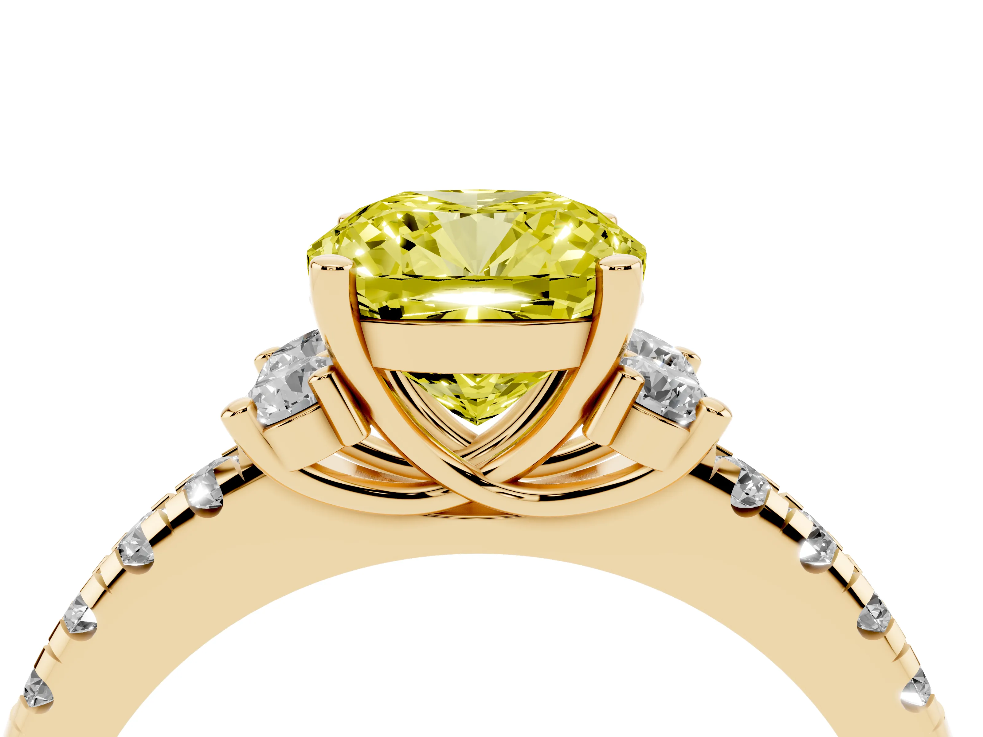 Fancy Yellow Cushion Cut Diamond Three-Stone Pavé Ring Set in Yellow gold with Prong Setting