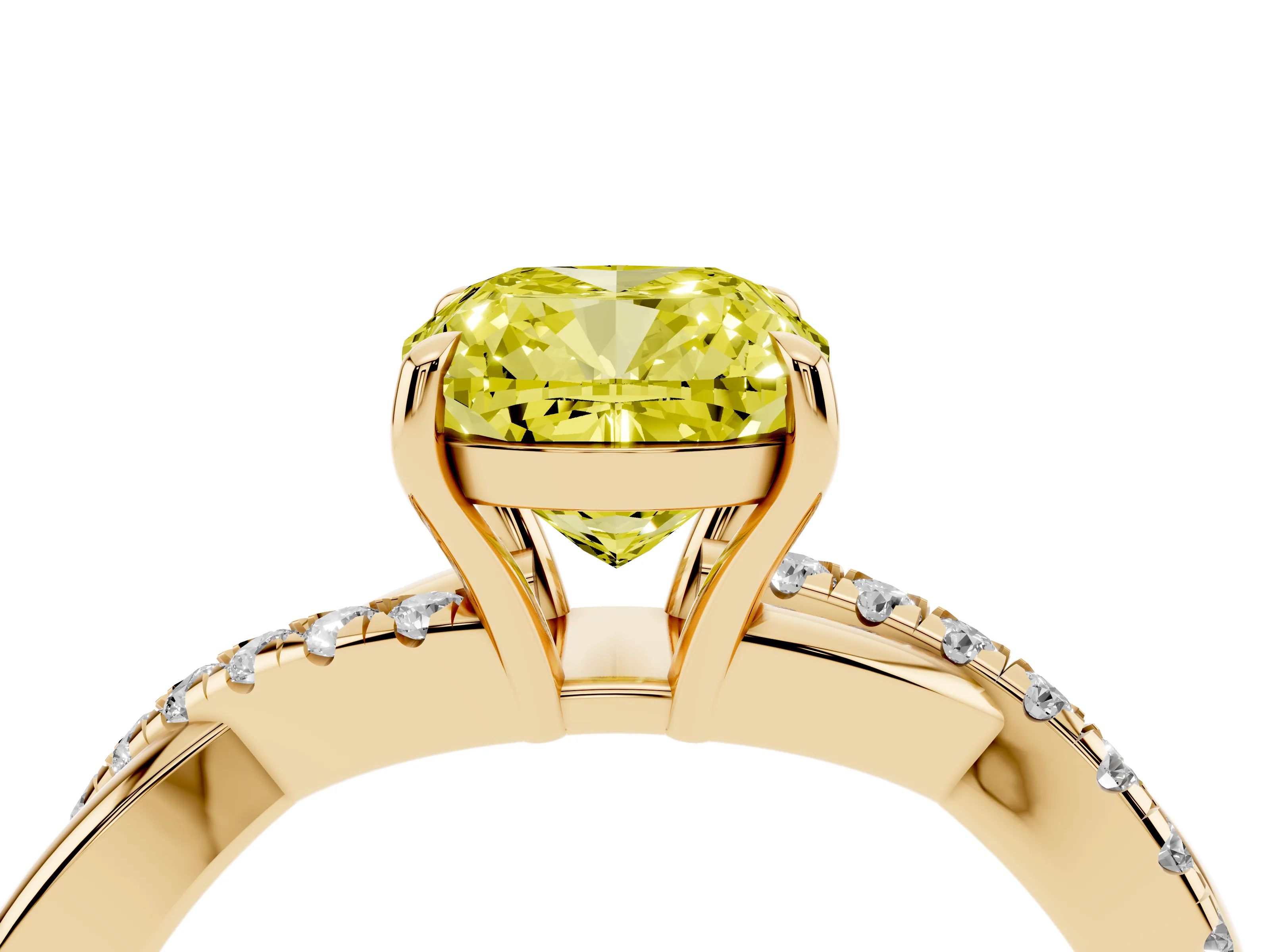 Fancy Yellow Cushion Cut Diamond Twisted Pavé Band Ring Set in Yellow gold with Prong Setting