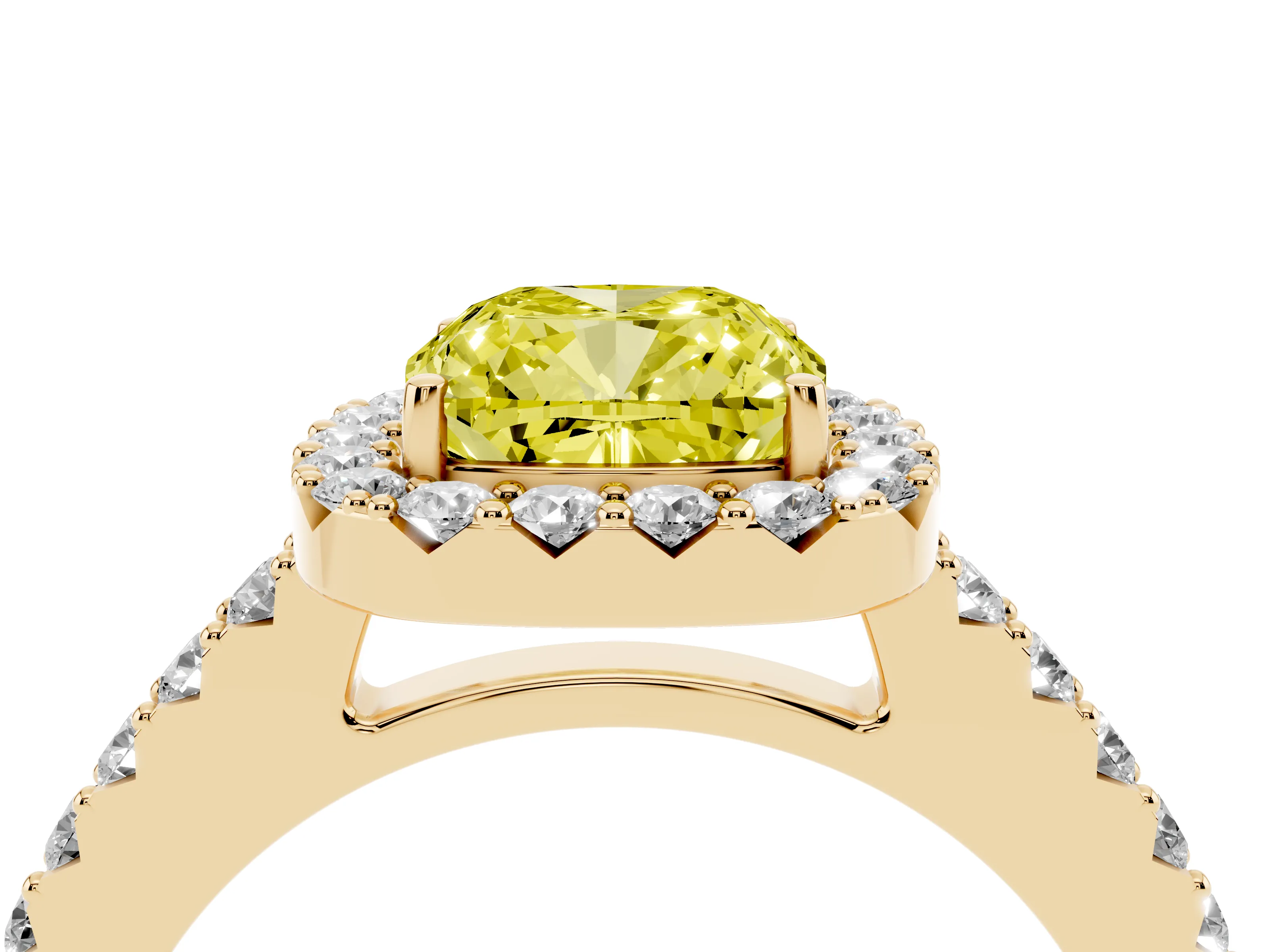 Fancy Yellow Cushion Cut Diamond Halo Pavé Solitaire Ring Set in Yellow gold with Prong-Set Center Stone