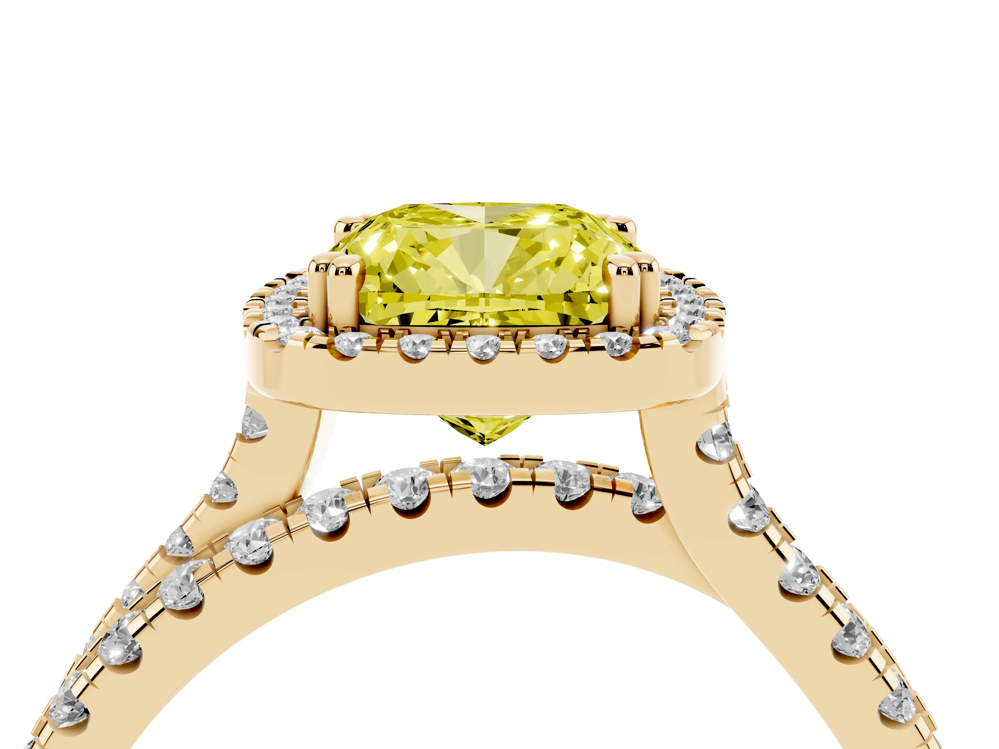 Fancy Yellow Cushion Cut Diamond Halo Split Shank Ring Set in Yellow gold with Pavé Setting