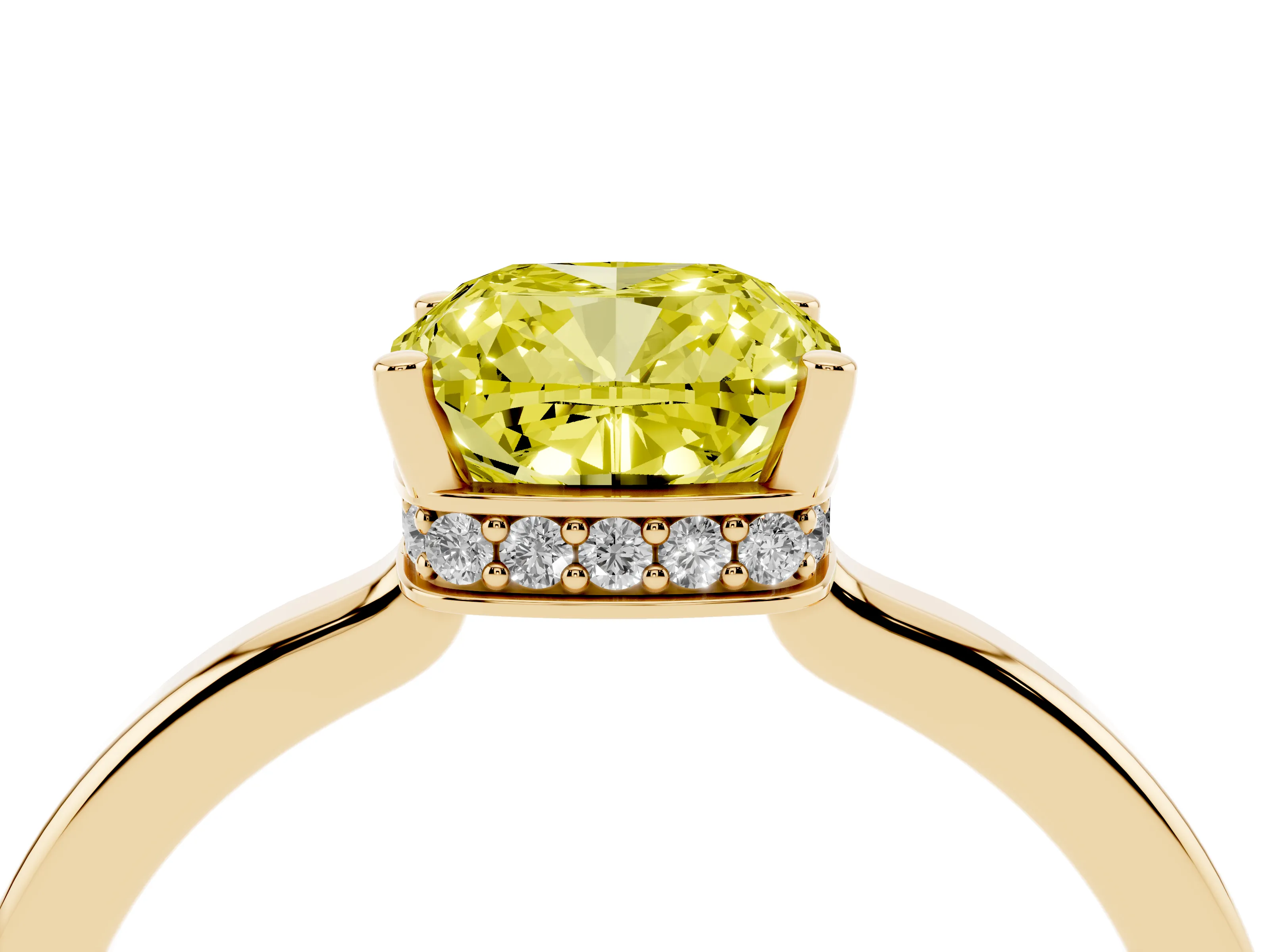 Fancy Yellow Cushion Cut Diamond Solitaire Engagement Ring Set in Yellow gold with Prong Setting on a Plain Band