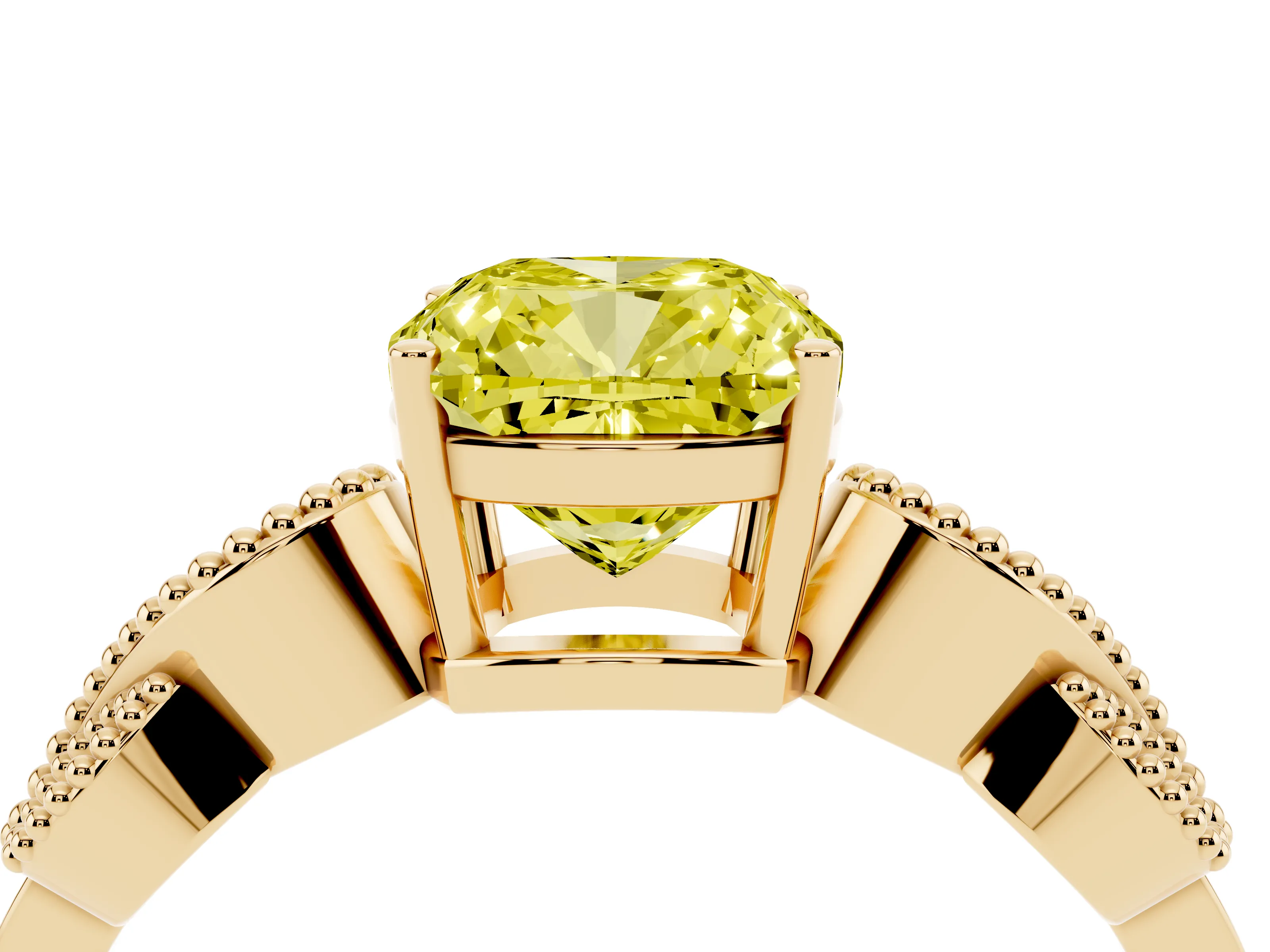 Fancy Yellow Cushion Cut Diamond Milgrain Leaf Band Solitaire Ring Set in Yellow gold with Accent Stones and Prong Setting