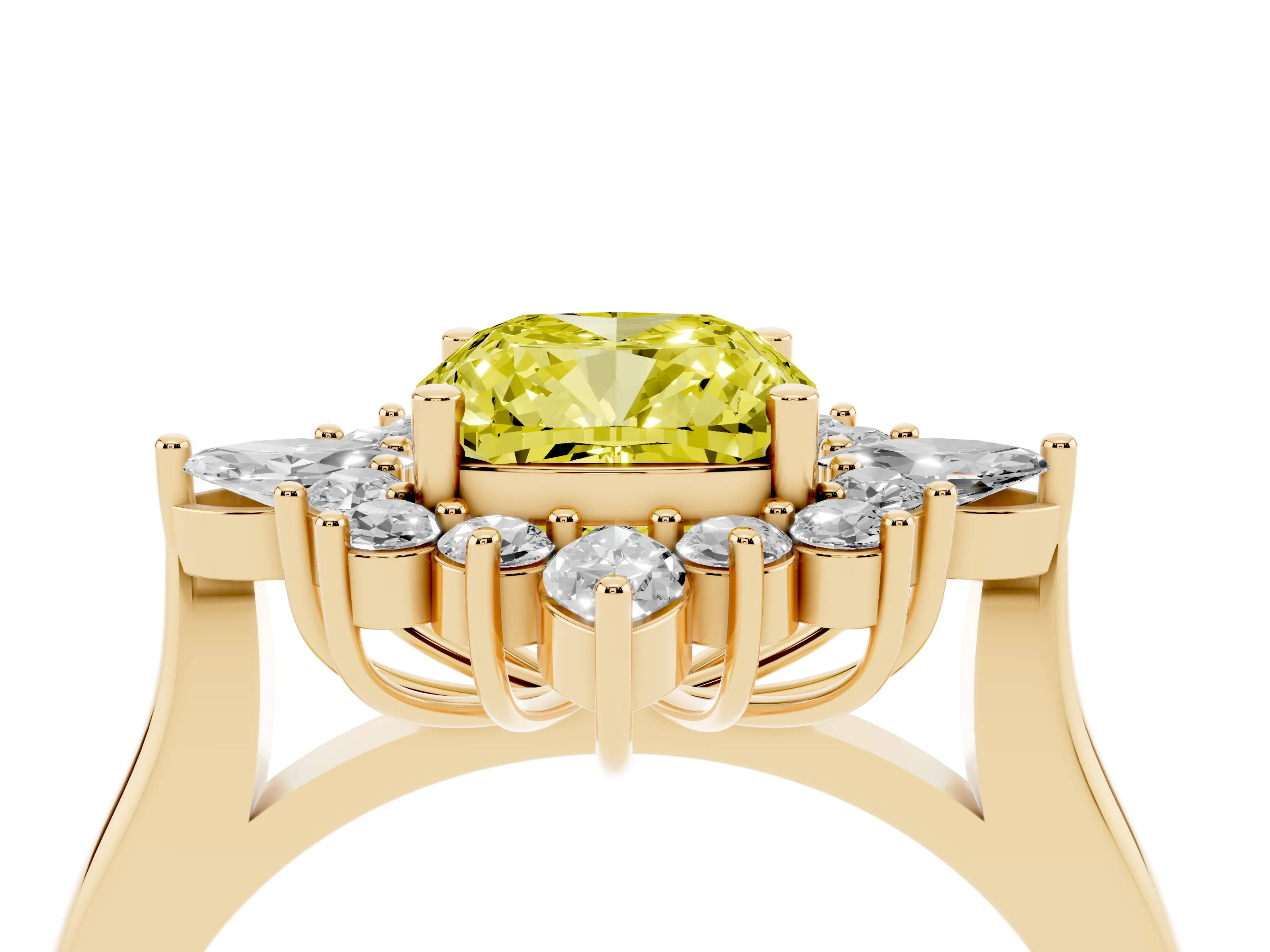 Fancy Yellow Cushion Cut Diamond Cluster Halo Ring Set in Yellow gold with Marquise and Round Accents