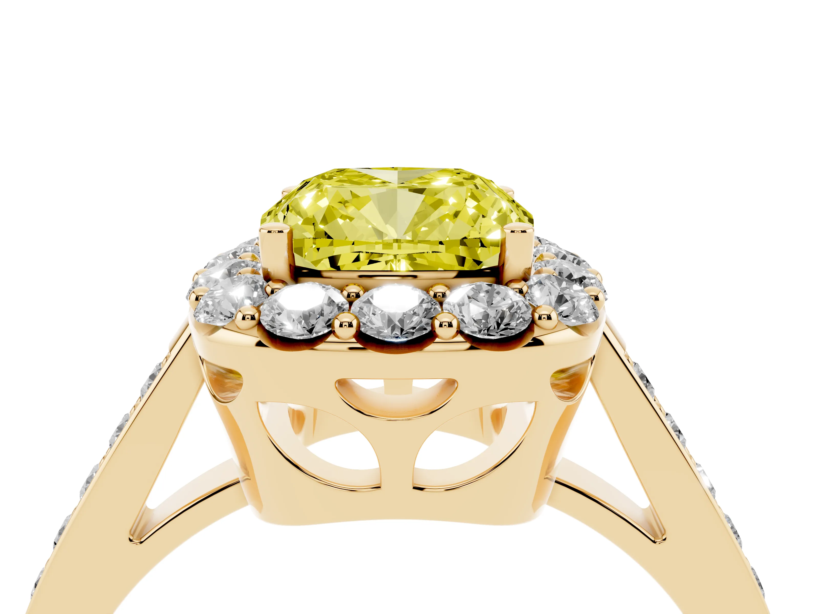Fancy Yellow Cushion Cut Diamond Floral Halo Ring Set in Yellow gold with Pavé Band and Prong Setting