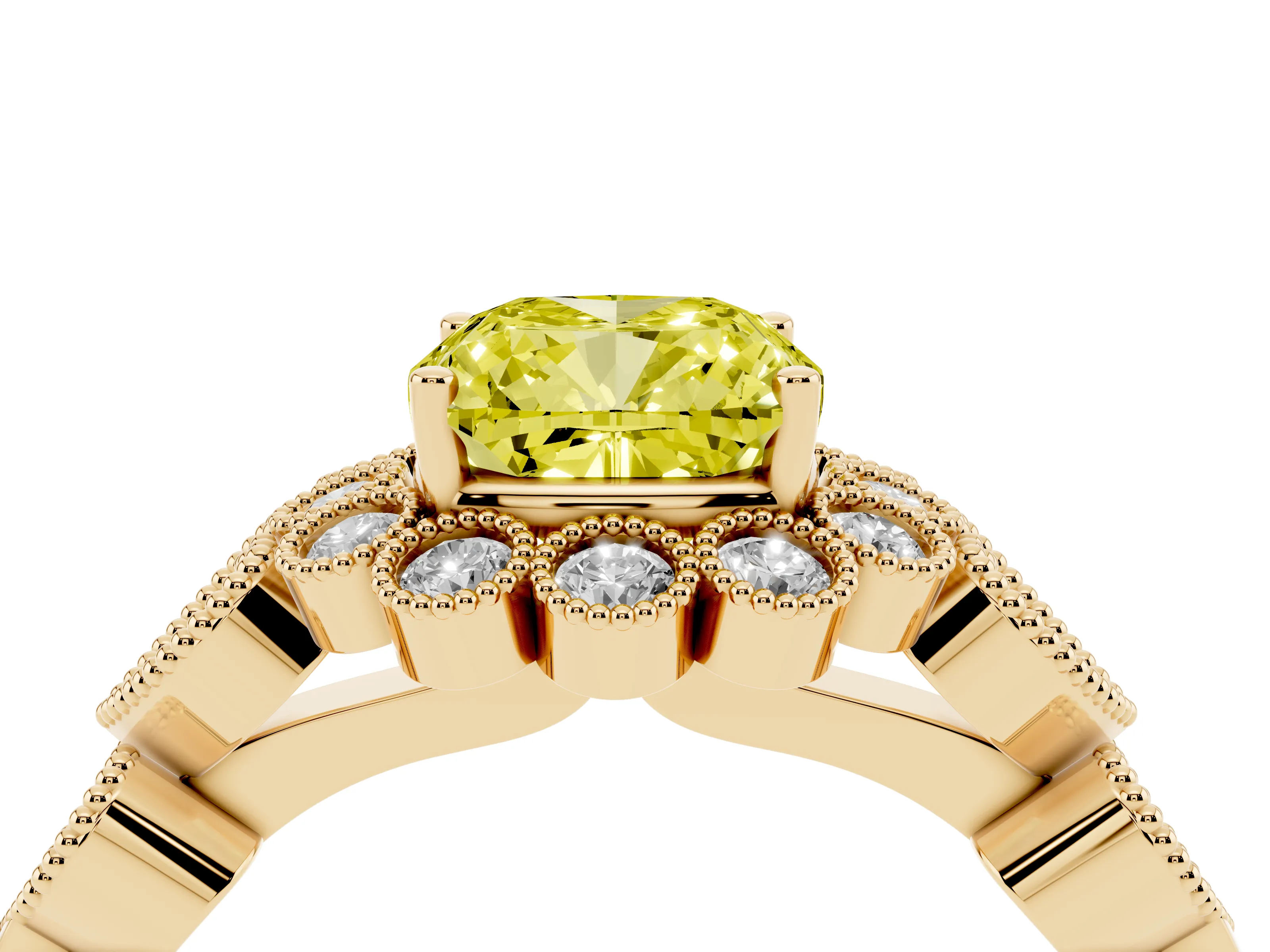 Fancy Yellow Cushion Cut Diamond Solitaire Ring Set in Yellow gold with Milgrain Pavé Heart Band