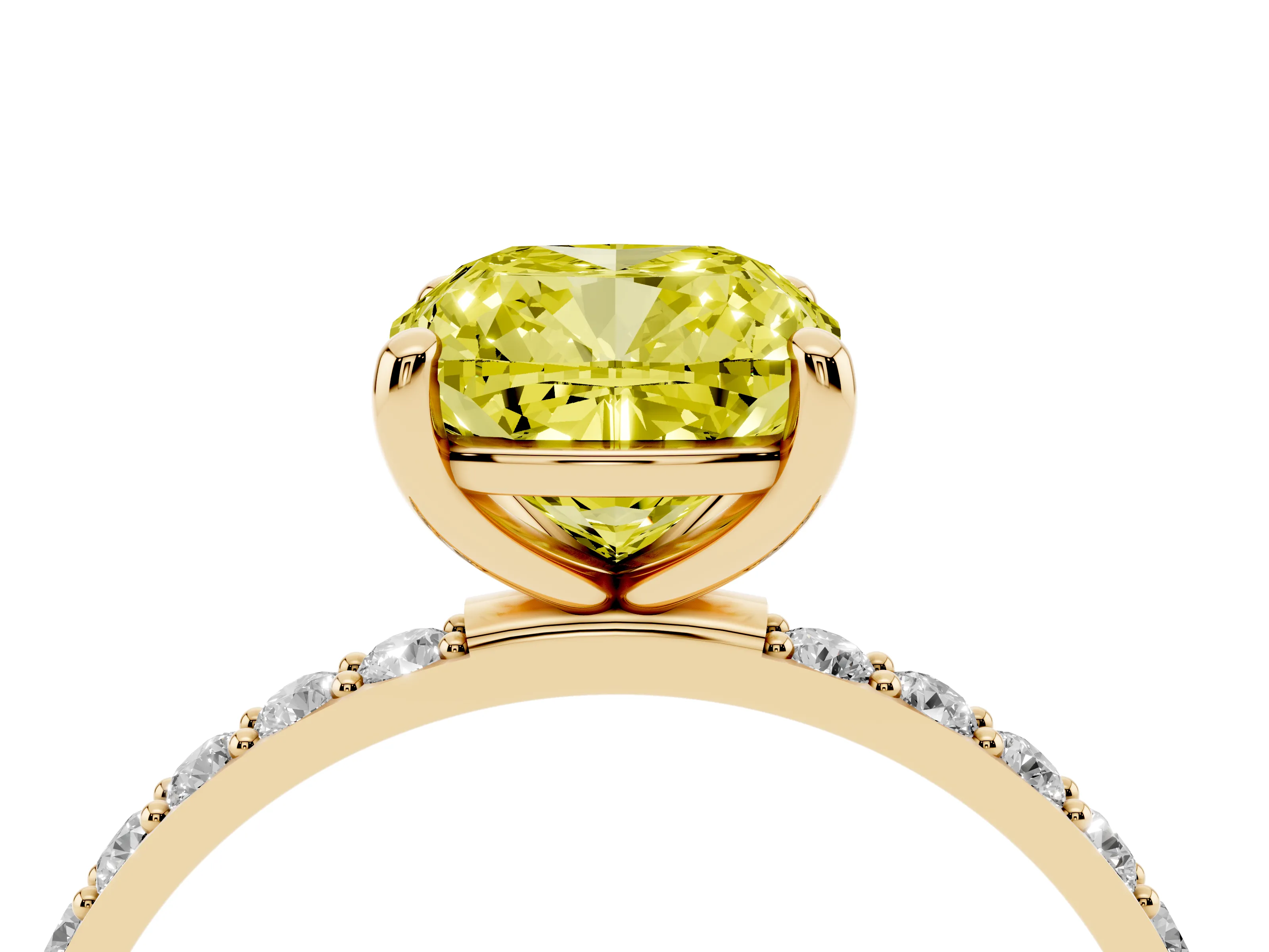 Fancy Yellow Cushion Cut Diamond Solitaire Ring Set in Yellow gold with Round Pavé Band and Prong Setting