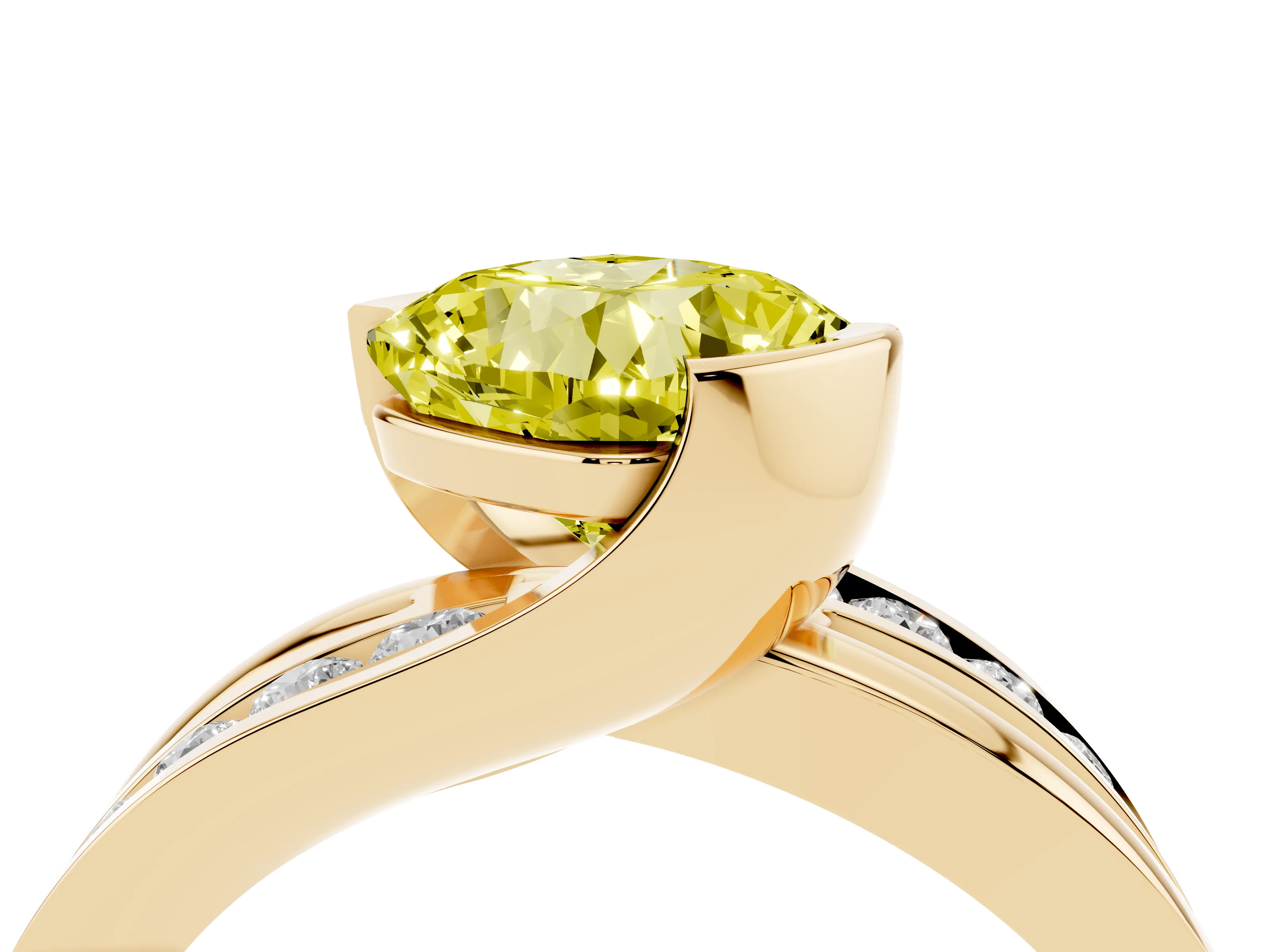 Fancy Yellow Cushion Cut Diamond Solitaire Ring Set in Yellow gold with Channel Set Split Shank and Tension Prongs