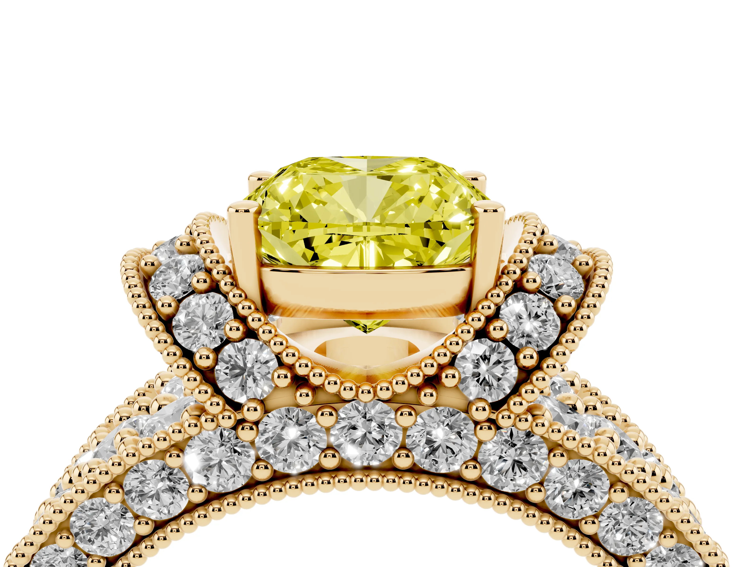 Fancy Yellow Cushion Cut Diamond Milgrain Halo Pavé Engagement Ring Set in Yellow gold with Prong Setting