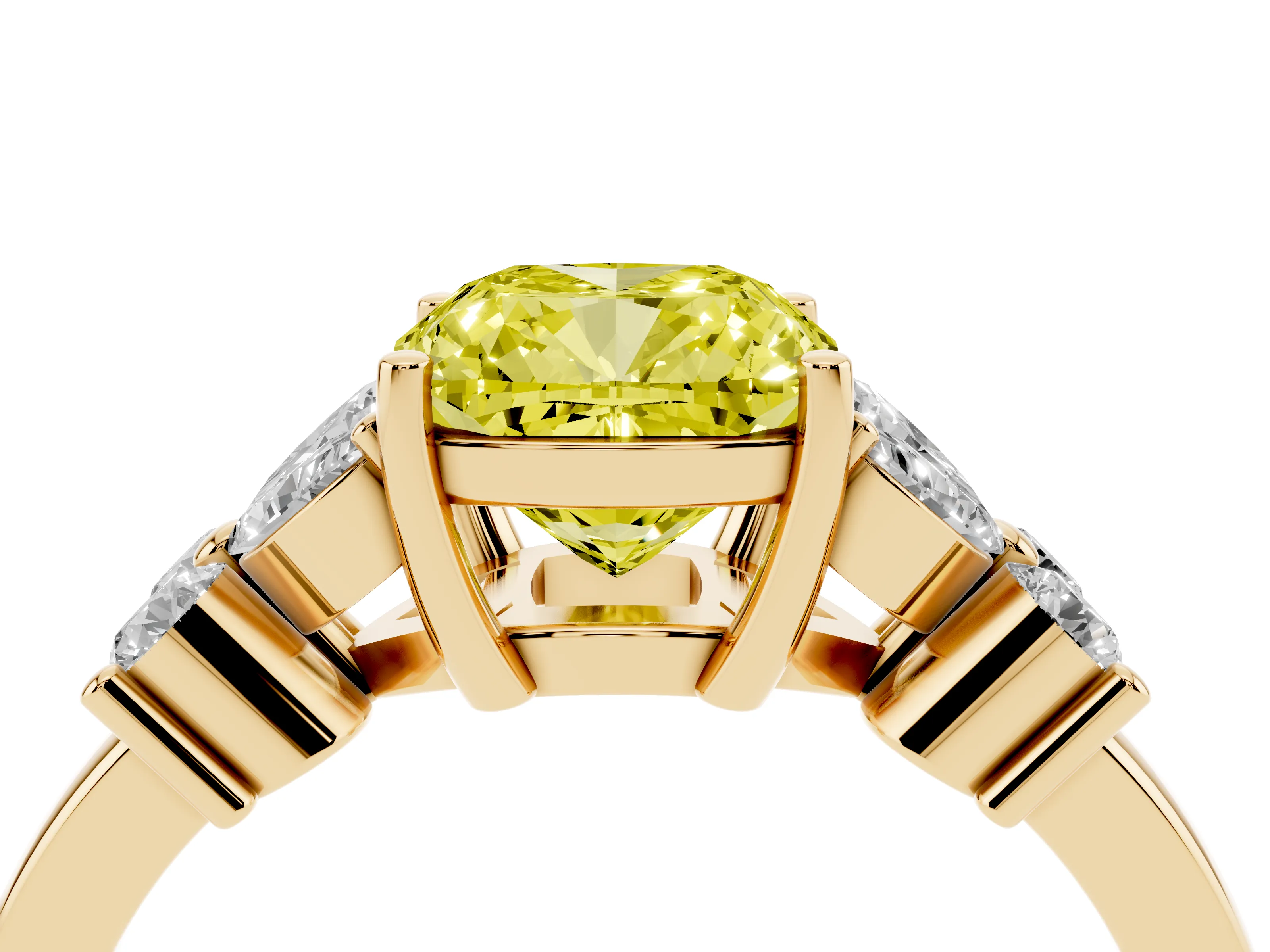Fancy Yellow Cushion Cut Diamond Floral Cluster Ring Set in Yellow gold with Marquise Petals and Prong Setting