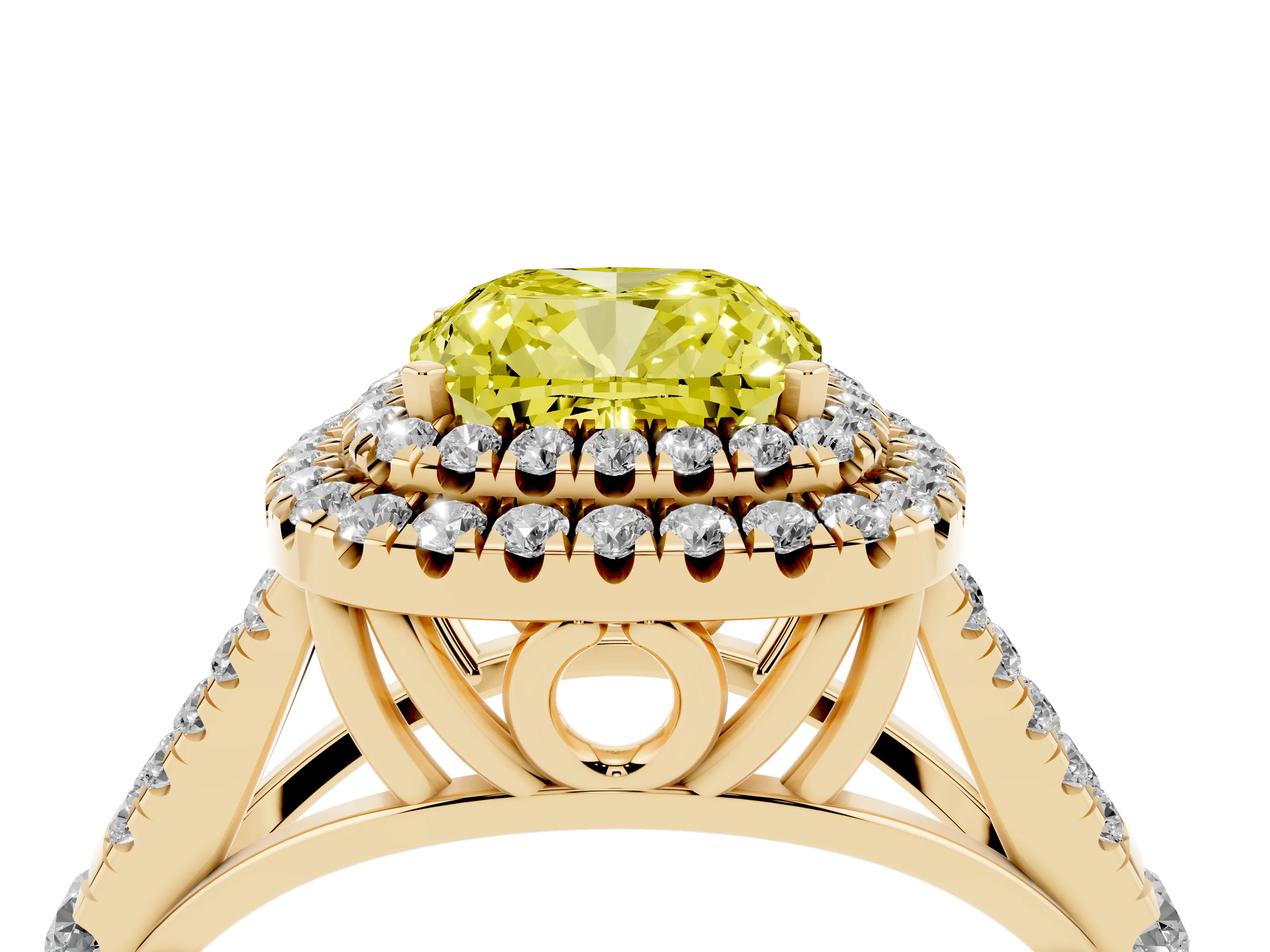 Fancy Yellow Cushion Cut Diamond Pavé Split Shank Double Halo Engagement Ring Set in Yellow gold