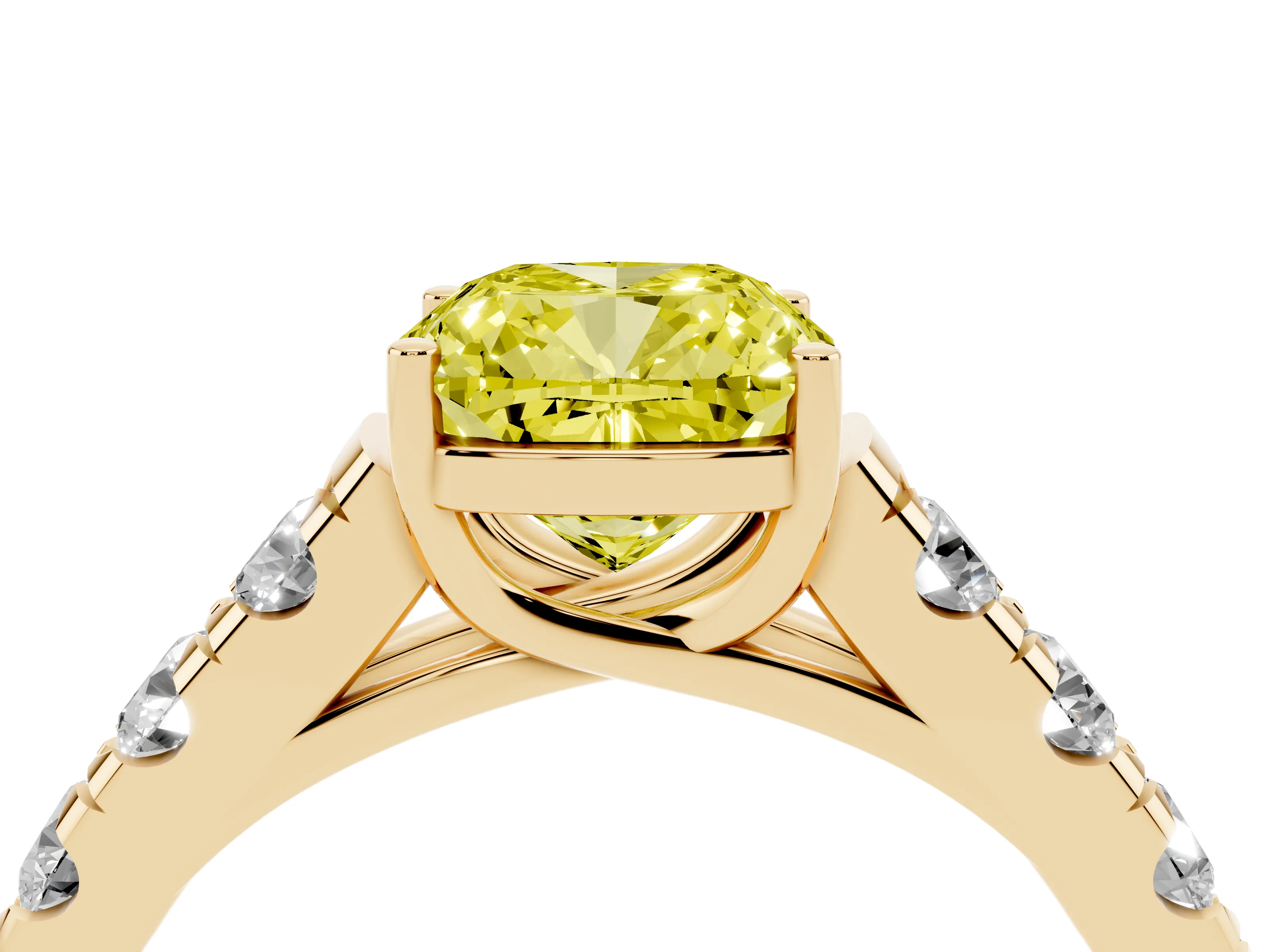 Fancy Yellow Cushion Cut Diamond Solitaire Ring Set in Yellow gold with Cut-Down Micro Pavé Band and Prong Setting