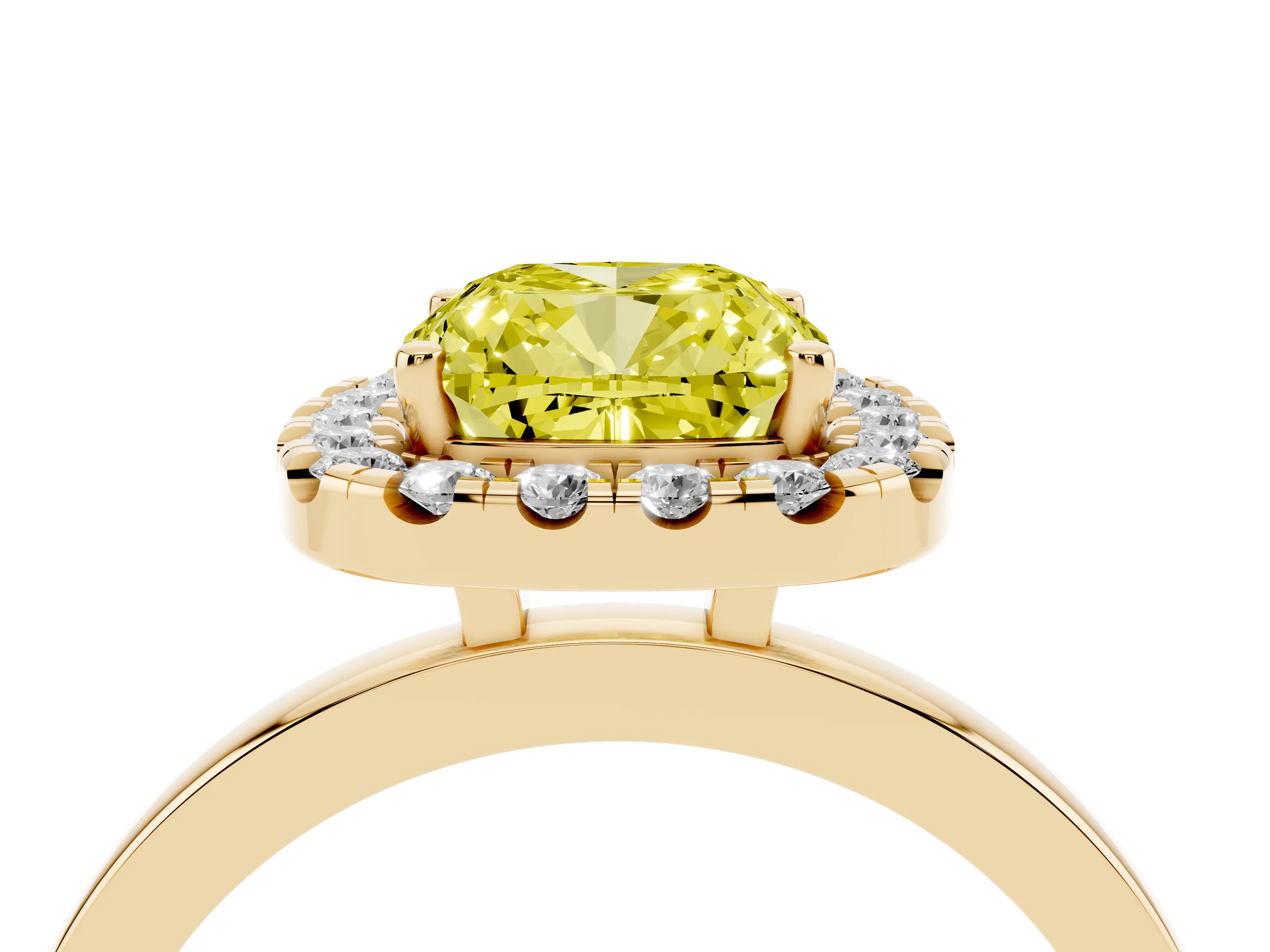 Fancy Yellow Cushion Cut Diamond Halo Solitaire Ring Set in Yellow gold with Pavé Band and Prong Setting