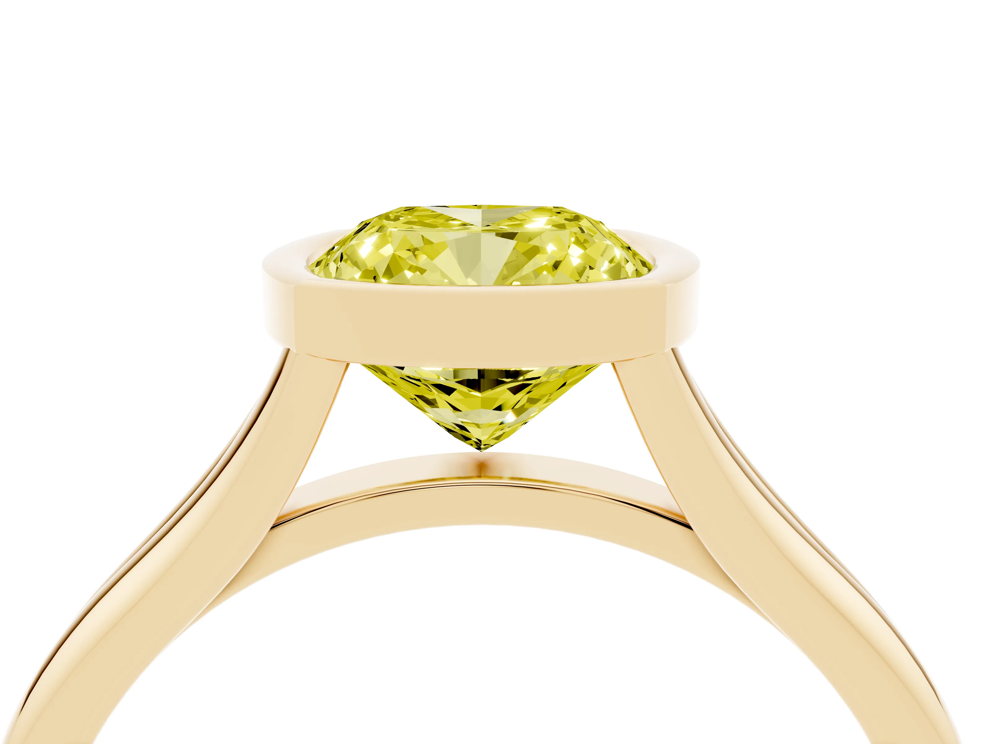 Fancy Yellow Bezel Set Cushion Cut Diamond Solitaire Ring Set in Yellow gold with Tapered Band