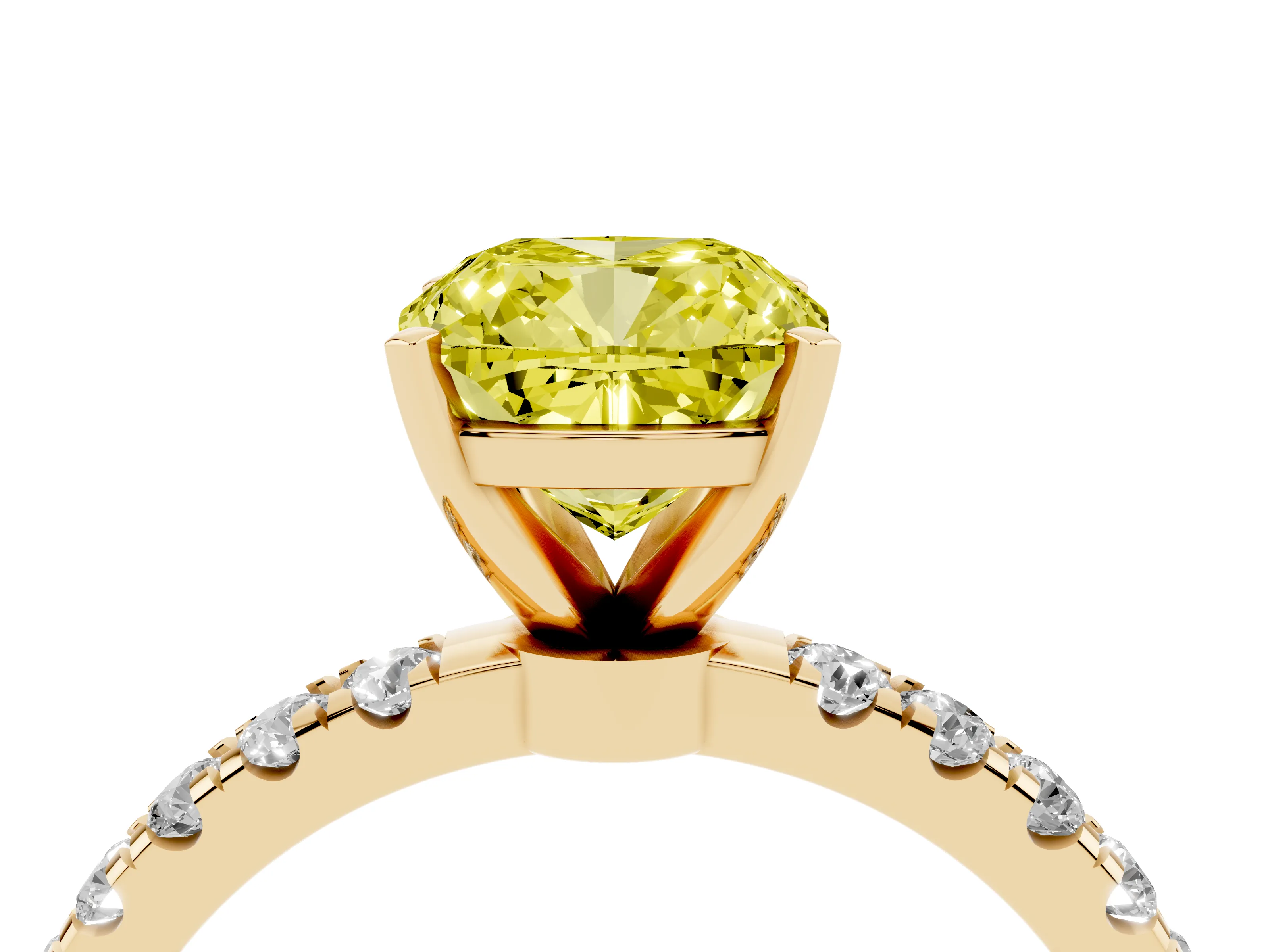Fancy Yellow Cushion Cut Diamond Solitaire Ring Set in Yellow gold with Pavé Accents and Prong Setting