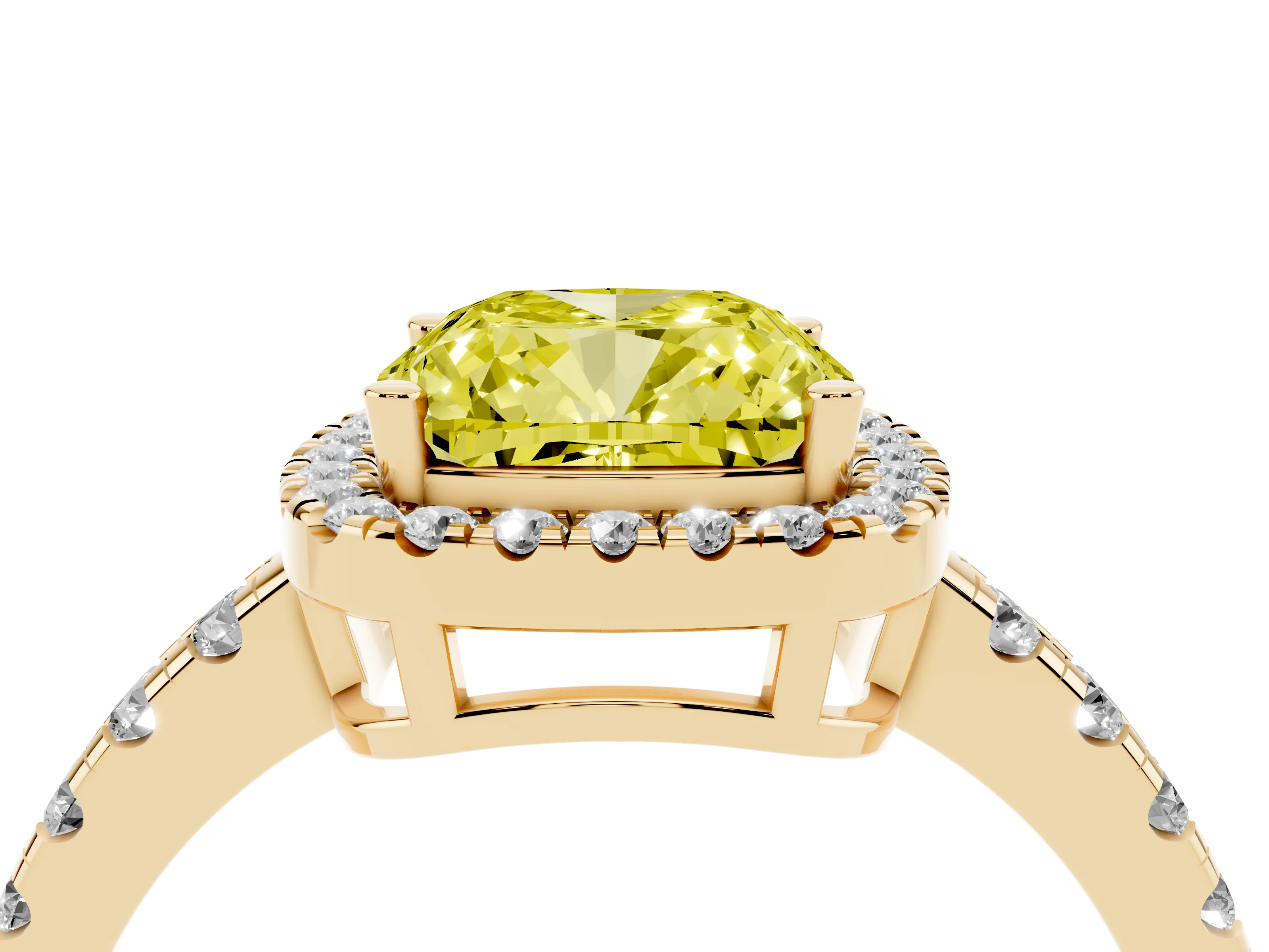 Fancy Yellow Cushion Cut Diamond Halo Ring Set in Yellow gold with Delicate Pavé Band and Prong Setting