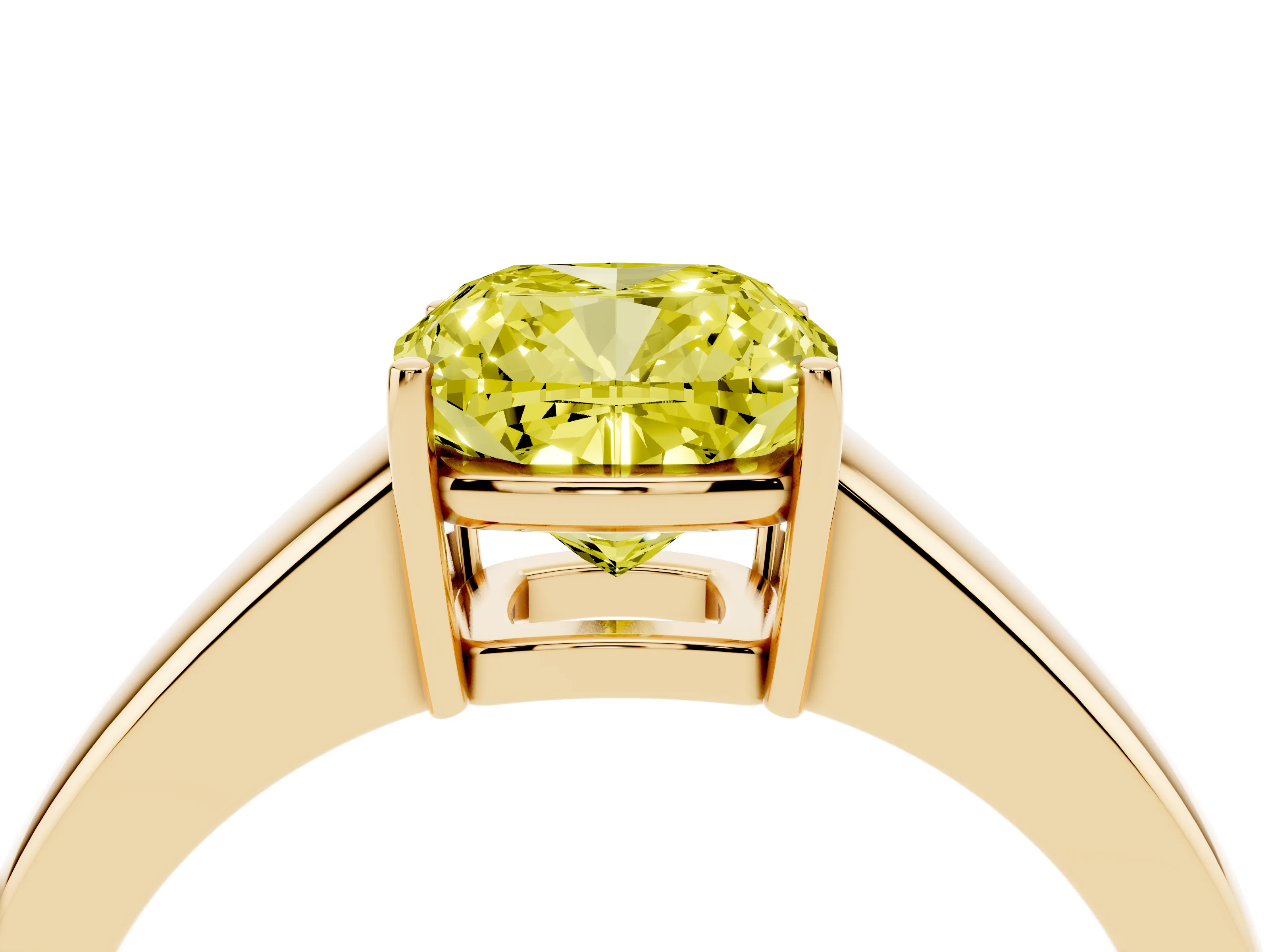 Fancy Yellow Cushion Cut Diamond Solitaire Ring Set in Yellow gold with Tapered Band and Prong Setting