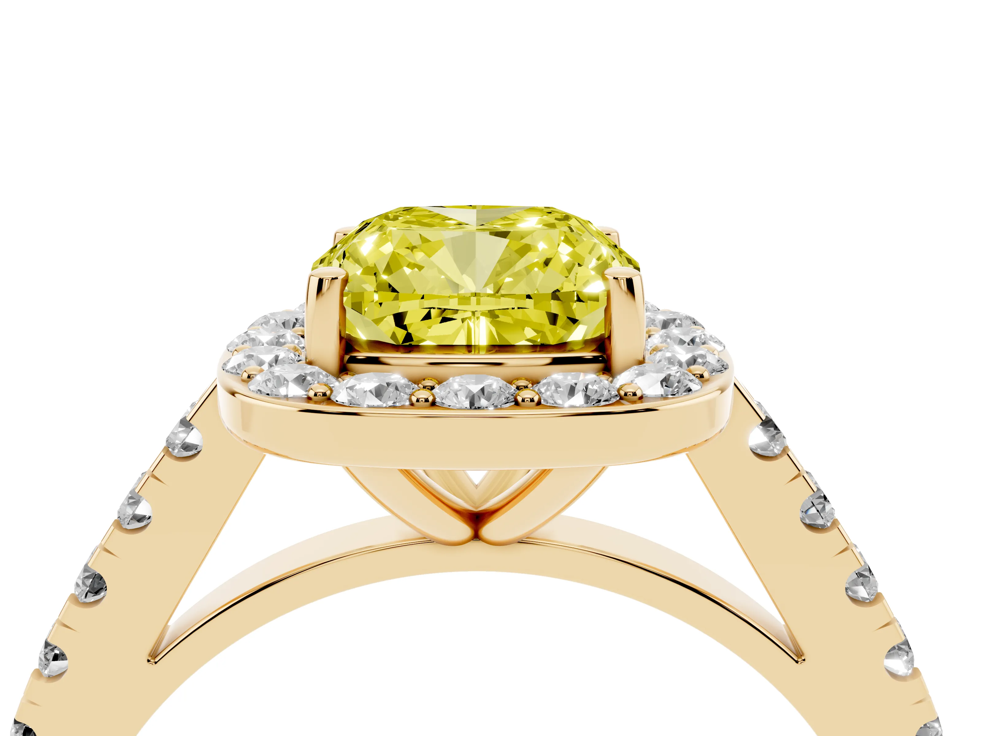 Fancy Yellow Cushion Cut Diamond Halo Ring Set in Yellow gold with Round Pavé Split Shank and Prong Setting