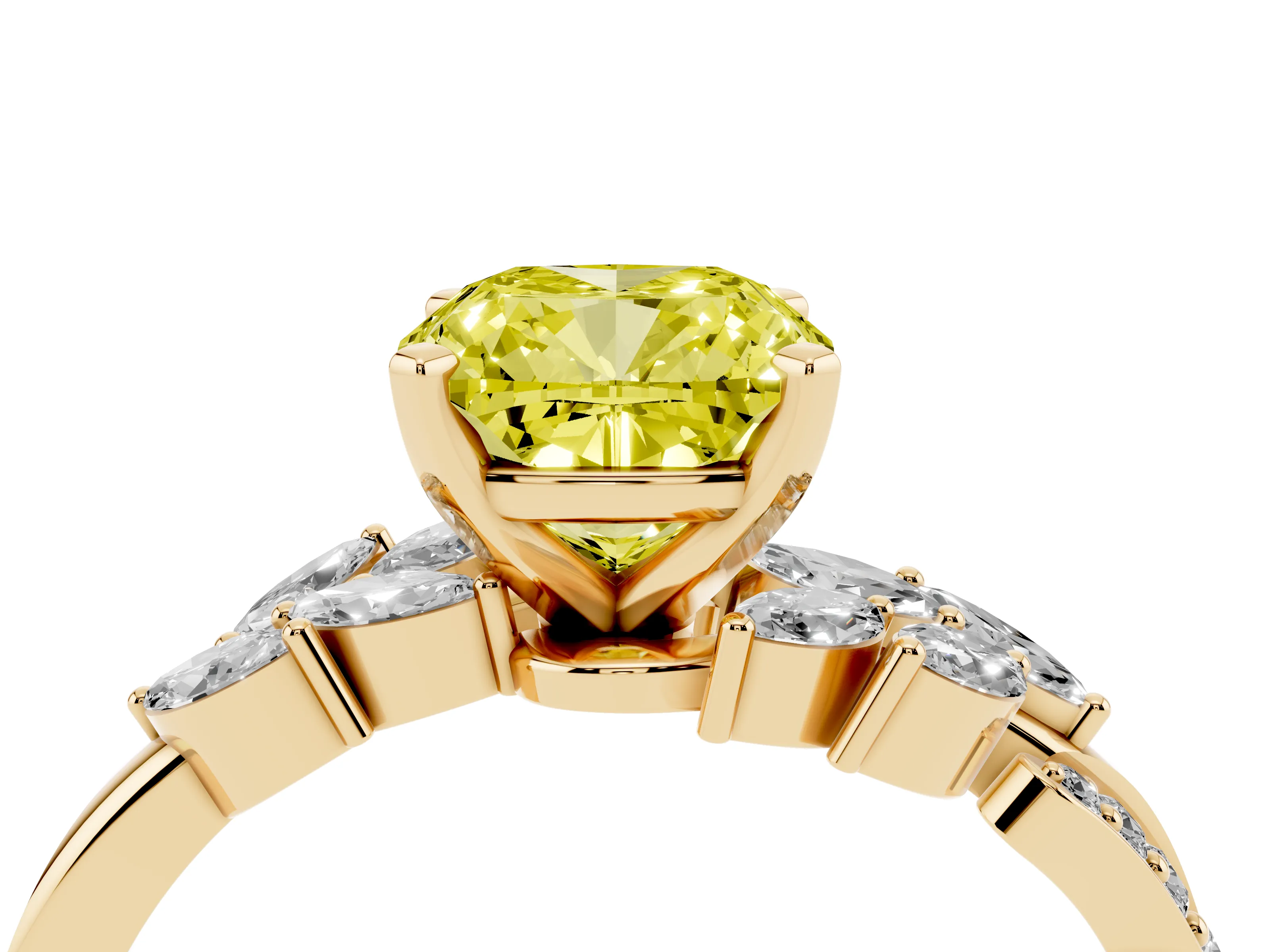 Fancy Yellow Cushion Cut Diamond Solitaire Ring Set in Yellow gold with Marquise Twist Band and Prong Setting