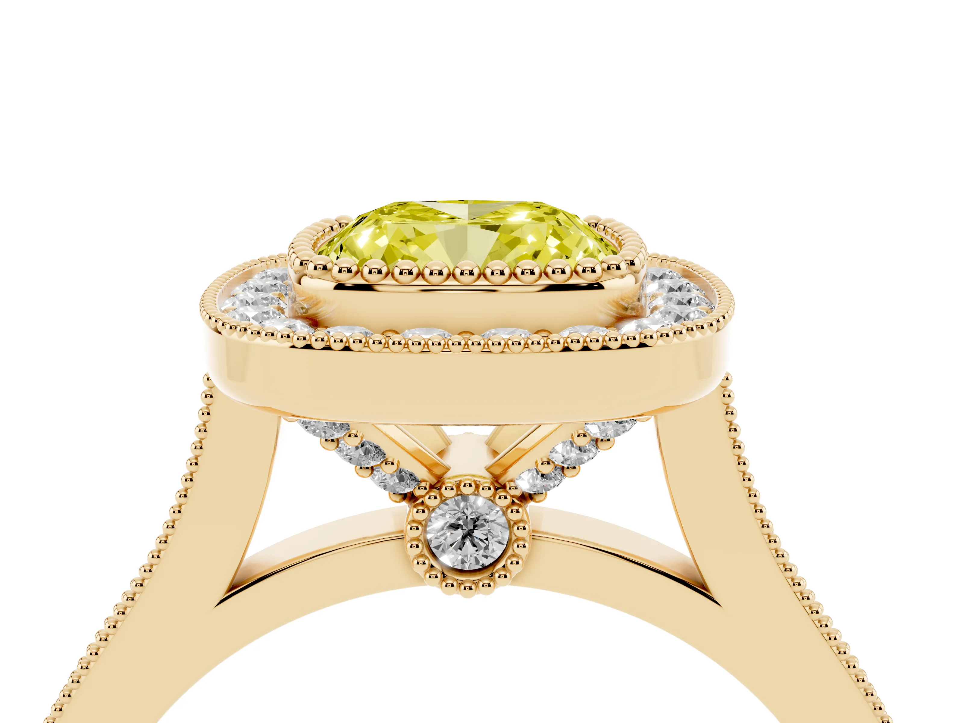 Fancy Yellow Cushion Cut Diamond Halo Ring Set in Yellow gold with Milgrain Frame and Pavé Band