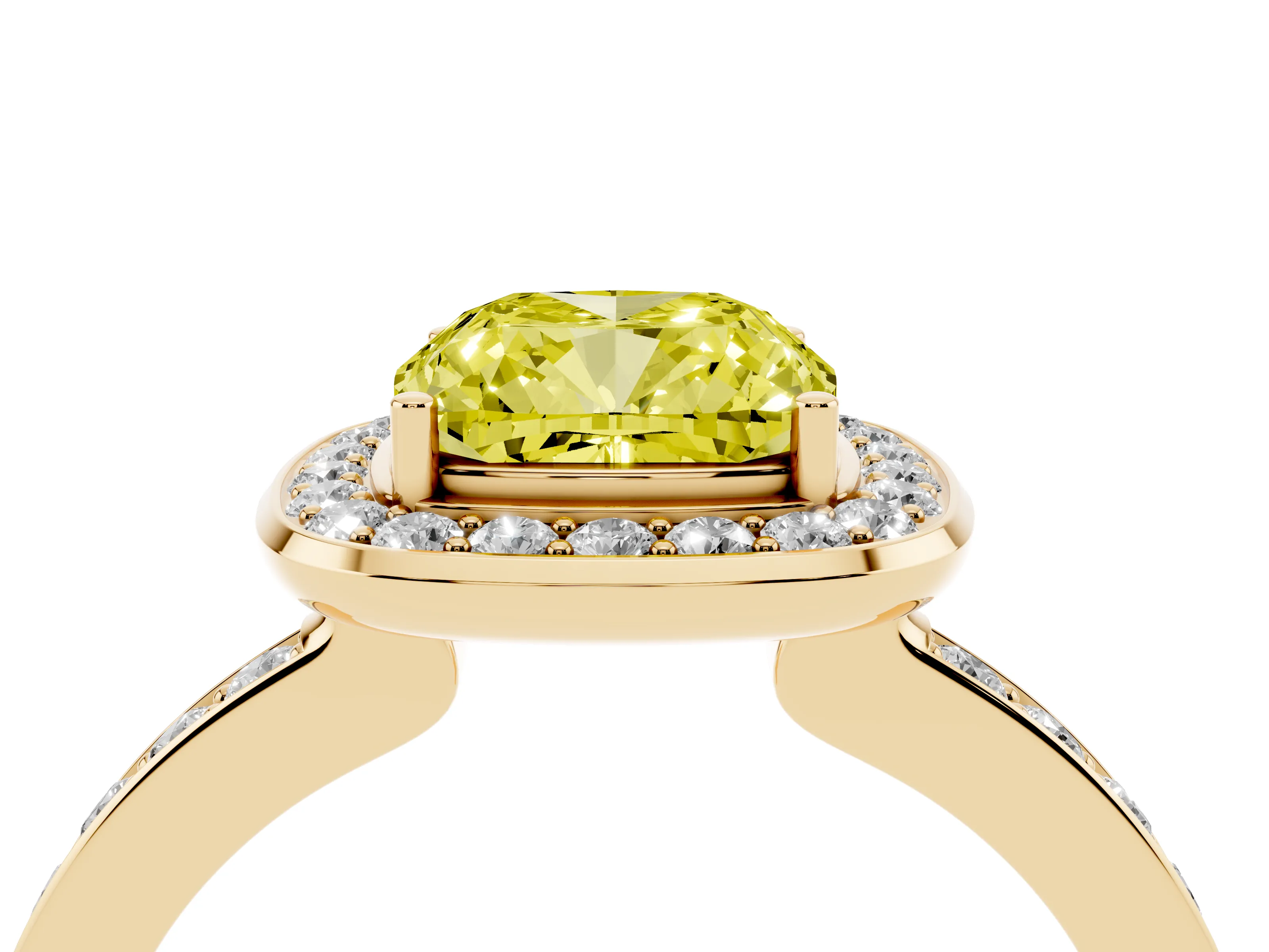 Fancy Yellow Cushion Cut Diamond Halo Ring Set in Yellow gold with Bezel Frame and Pavé Band