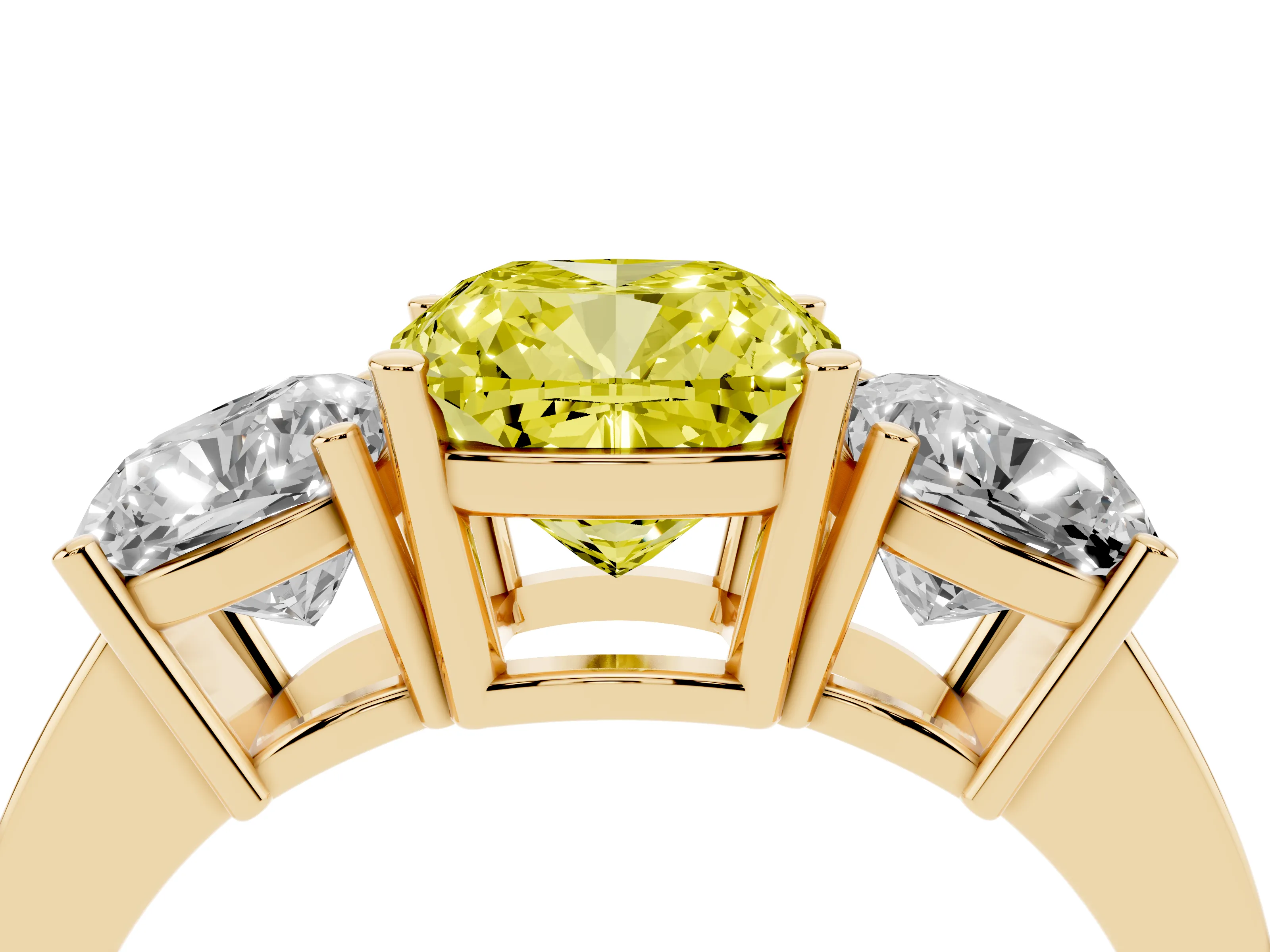 Fancy Yellow Cushion Cut Diamond Three-Stone Engagement Ring Set in Yellow gold with Flat Band
